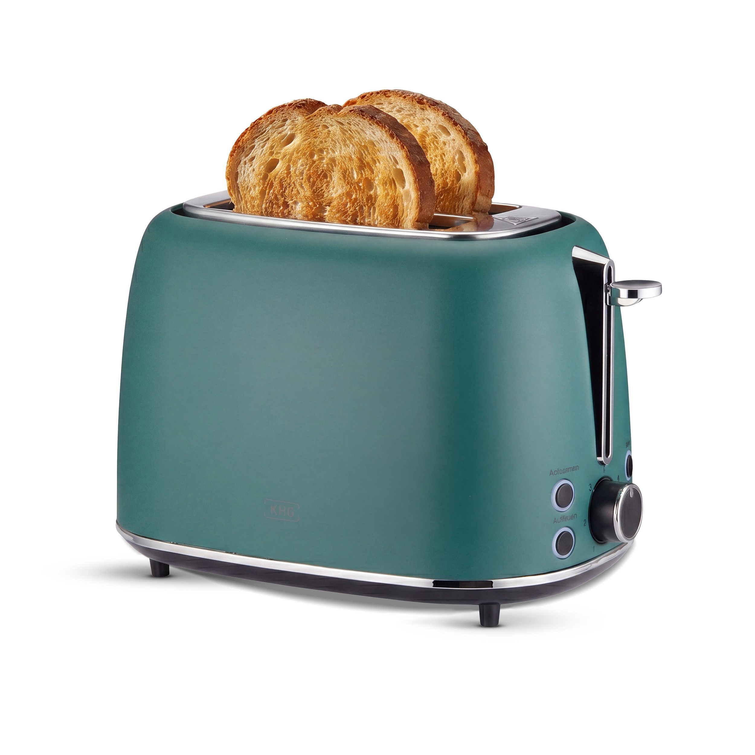 KHG Toaster Edelstahl Grün, 930 W, 2 Scheiben-Toaster mit Brötchenaufsatz, 2 kurze Schlitze, für 2 Scheiben, 930 W, Auftau- und Aufwärmfunktion, Abschaltautomatik, Krümelschublade