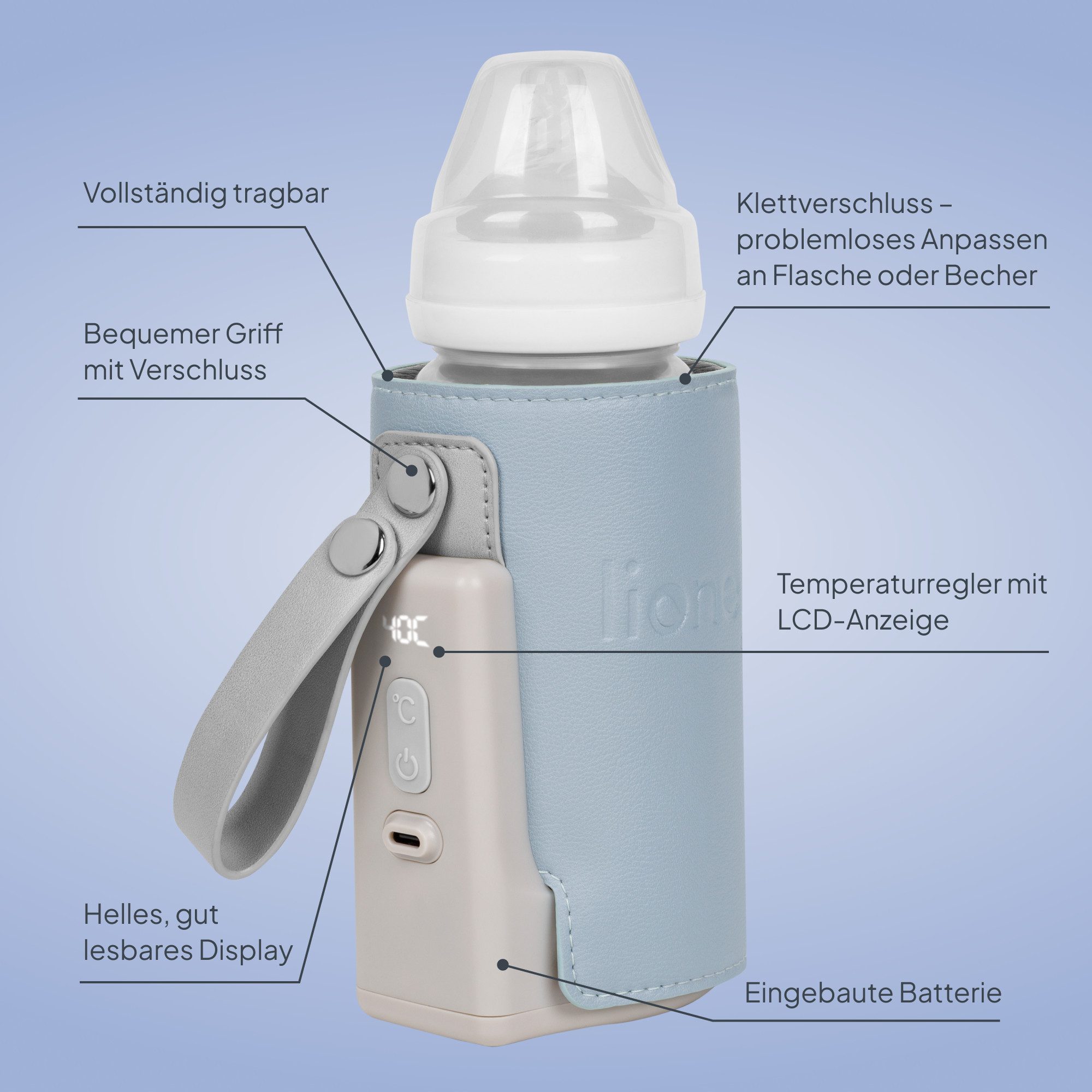lionelo Babyflaschenwärmer THERMUP GO PLUS, Schnelles Erhitzen - 5 Temperaturen/3000mAh/USB-C