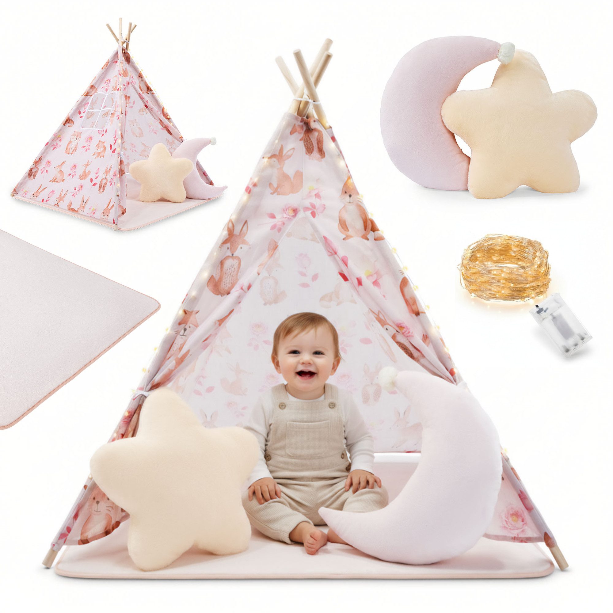 Mamabrum Spielzelt Mamabrum Kinder Tipi Zelt rosa mit Matte, Kissen und LED