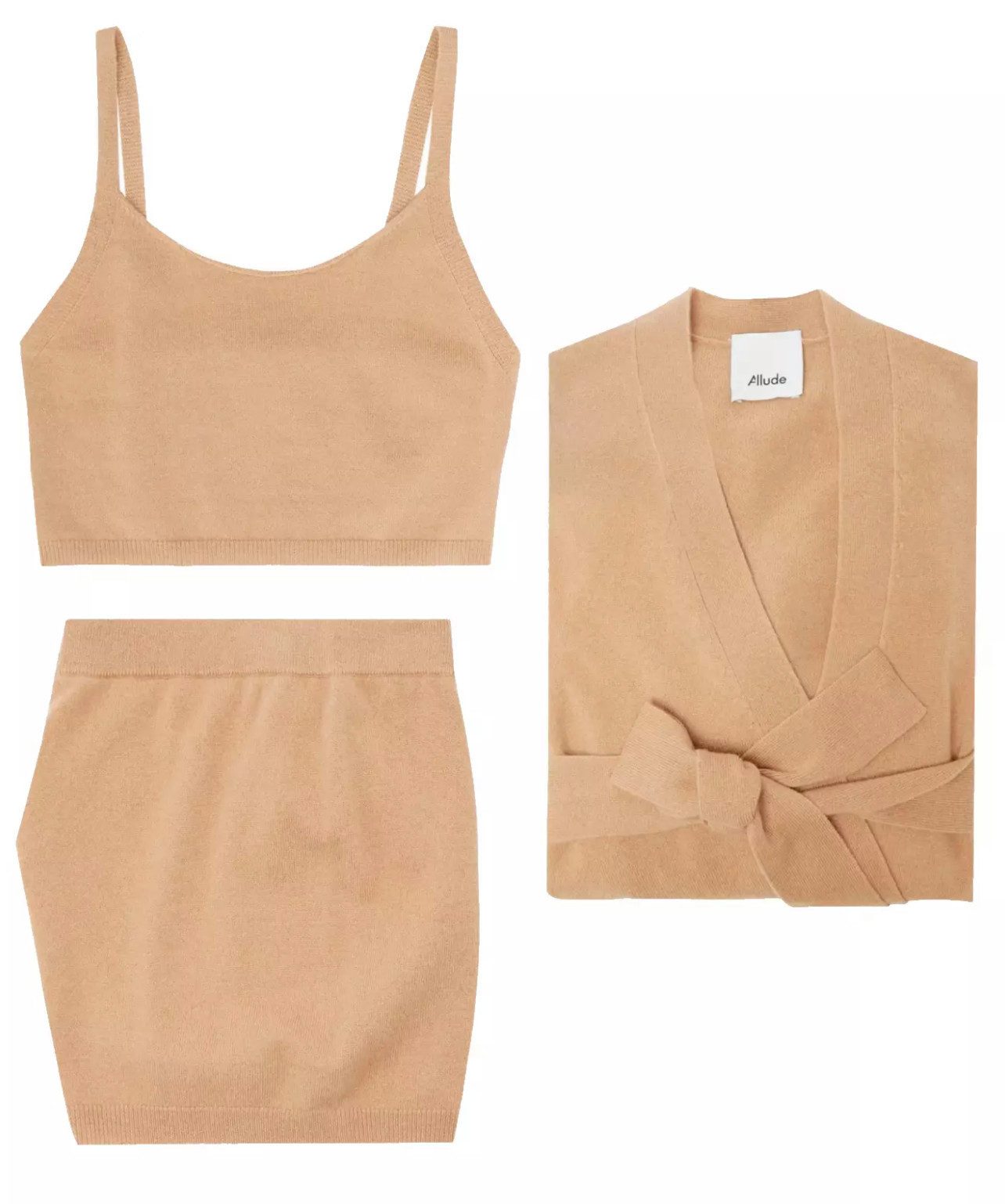 Allude Bluse & Shorts Kaschmir 3er Set Top Shorts Cardigan (3-teiliges Set: Cardigan, Cropped Top & Shorts, 3-teiliges Set: Cardigan, Cropped Top & Shorts) Nahtlose Übergänge und fein gerippte Abschlüsse