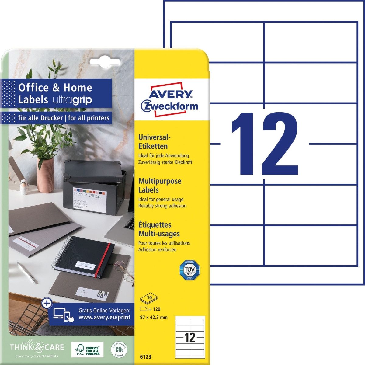 Avery Zweckform Etiketten Universal-Etiketten ultragrip 97x42,3 mm VE=120 Etiketten / 10 Bogen w