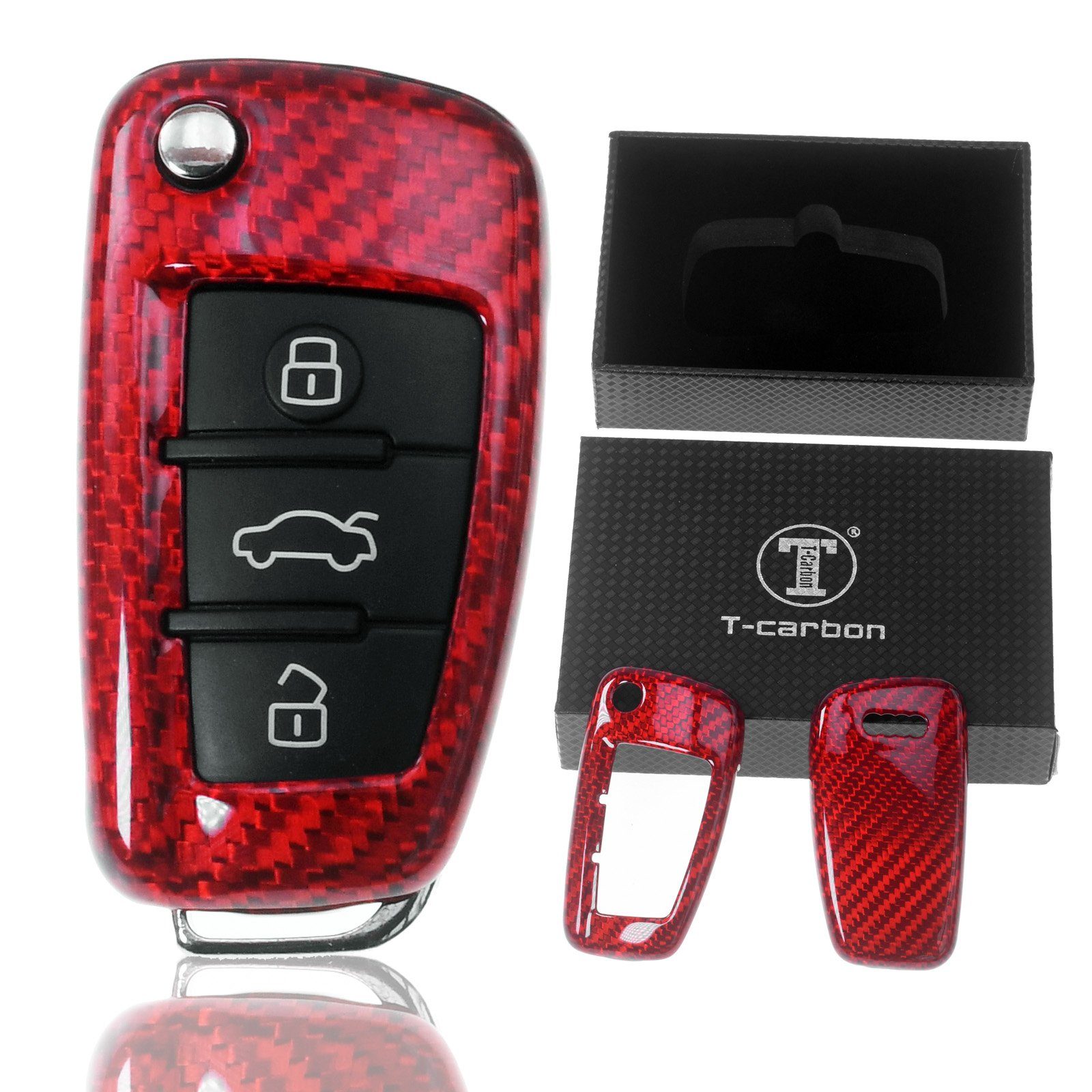 T-Carbon Schlüsseltasche Auto Schlüssel Carbon-Optik Schutz Hülle Rot, für AUDI A1 8X A3 8V A4 B7 A6 C6 TT 8J Q3 8U Q7 4L Klappschlüssel