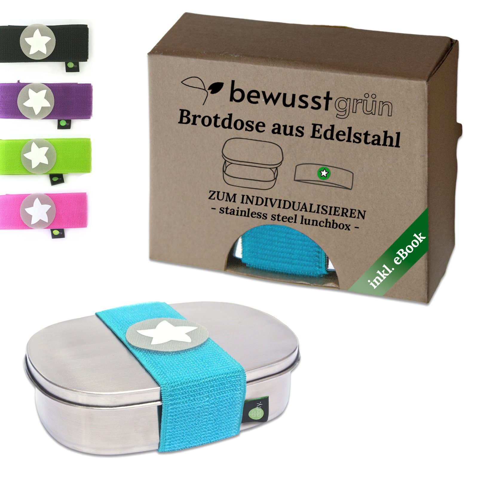 BewusstGrün Lunchbox DottyBox Edelstahl Brotdose mit für und Klettband), Brotdose DottyBox-System DottyBox für Kindergarten Fächern (Original Kinder, mit Steg, Schule Personalisierbare mit Türkis