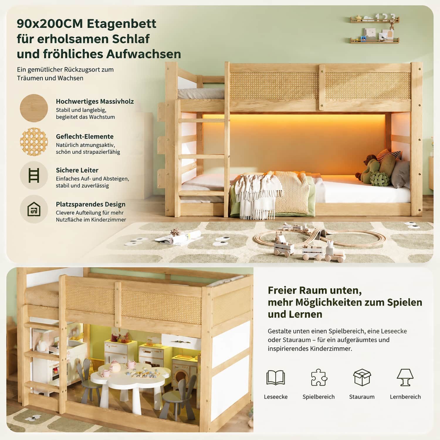 ANYSUN Kinderbett Hochbett mit Dreistufige Treppe,LED-Lichtleiste,Ablage,Rattan-Optik (1-tlg., mit Rausfallschutz,bett, mit Freier Spiel- und Lesebereich darunter), Kinderbett mit Oberem Lattenrost,ohne Matratze,Natur+Weiß,90×200cm