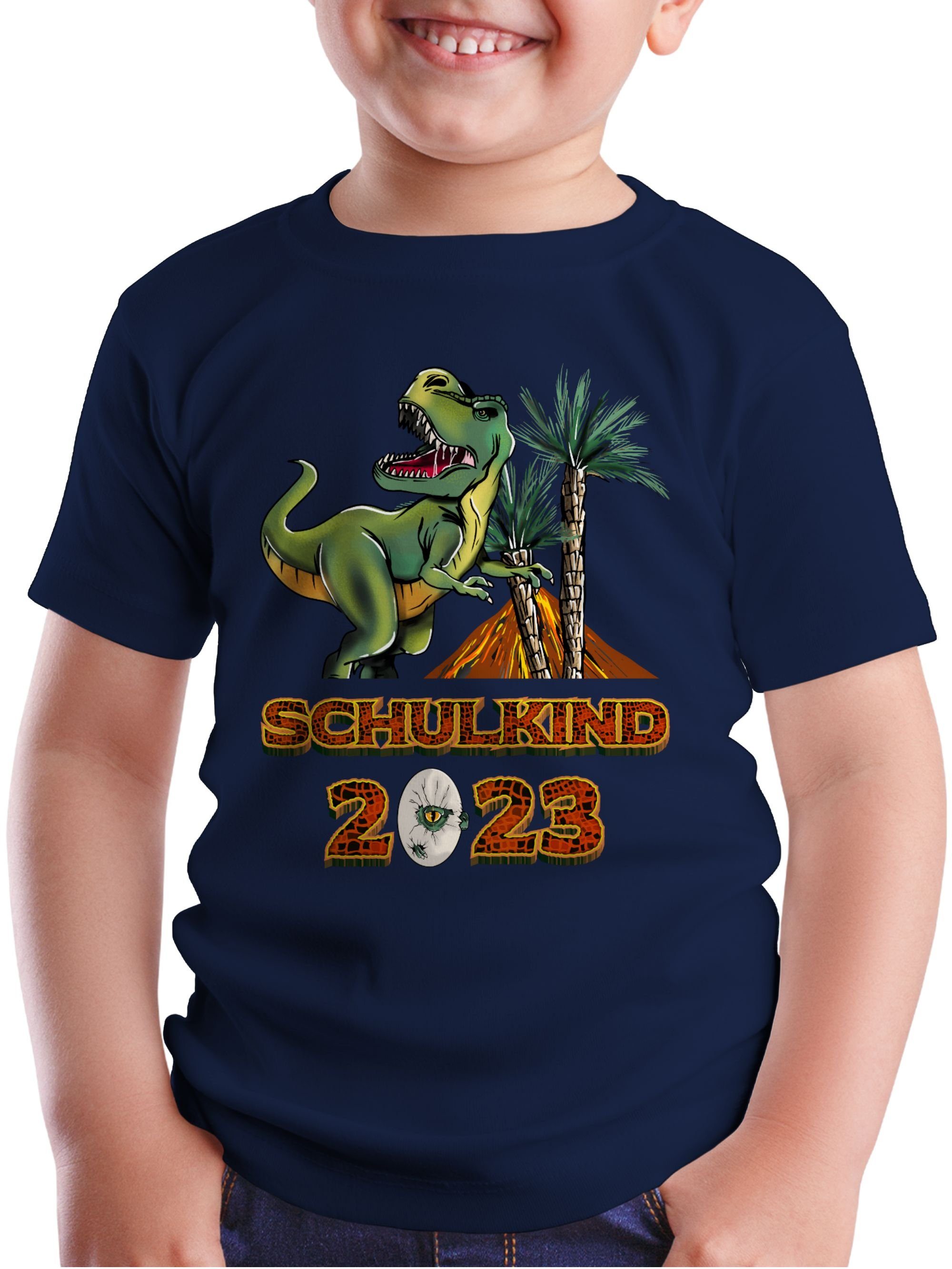 T-Shirt Schulanfang Navy Junge Einschulung 1 Shirtracer Blau T-Rex 2023 Geschenke Dinosaurier Schulkind Dino