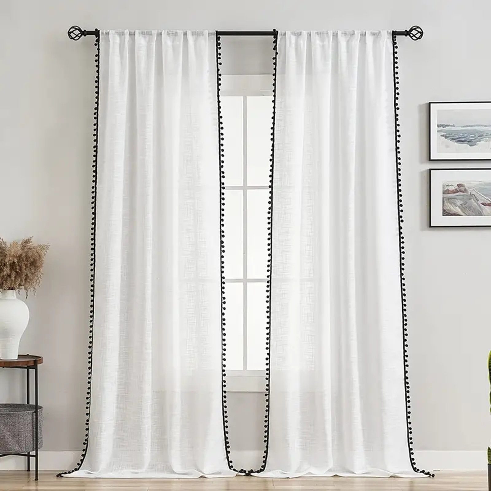 Fensterschal Gardine, 1/2er Transparent Weiß, Pompon-Kugel, Wohnzimmer Vorhang Schlafzimmer, Vorhänge Sunicol, für Stickerei Semi-Sheer St), (1 Leinenvorhang,