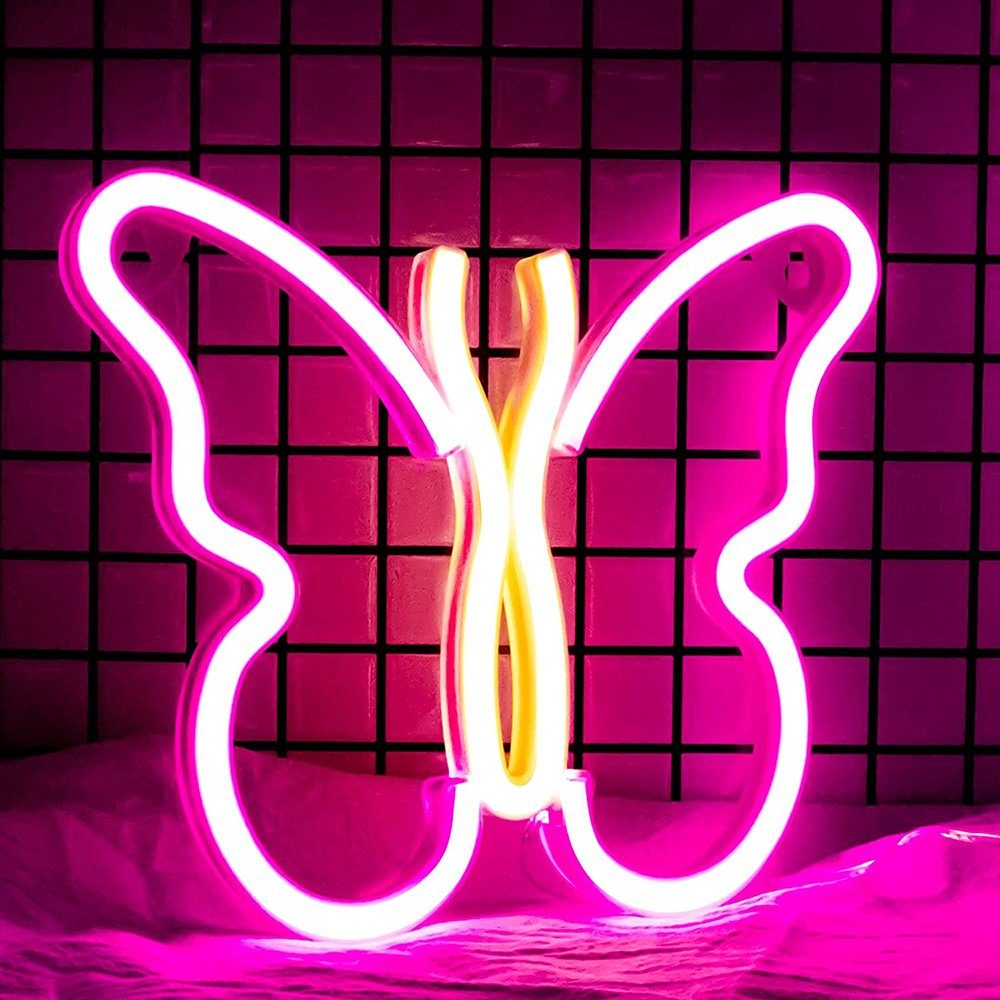 Rosnek LED Dekolicht Herz Blitz, Batterie/USB, Neon Lichter für Schlafzimmer Wand, Schmetterling Alien, Party Deko Rosa+Gelb