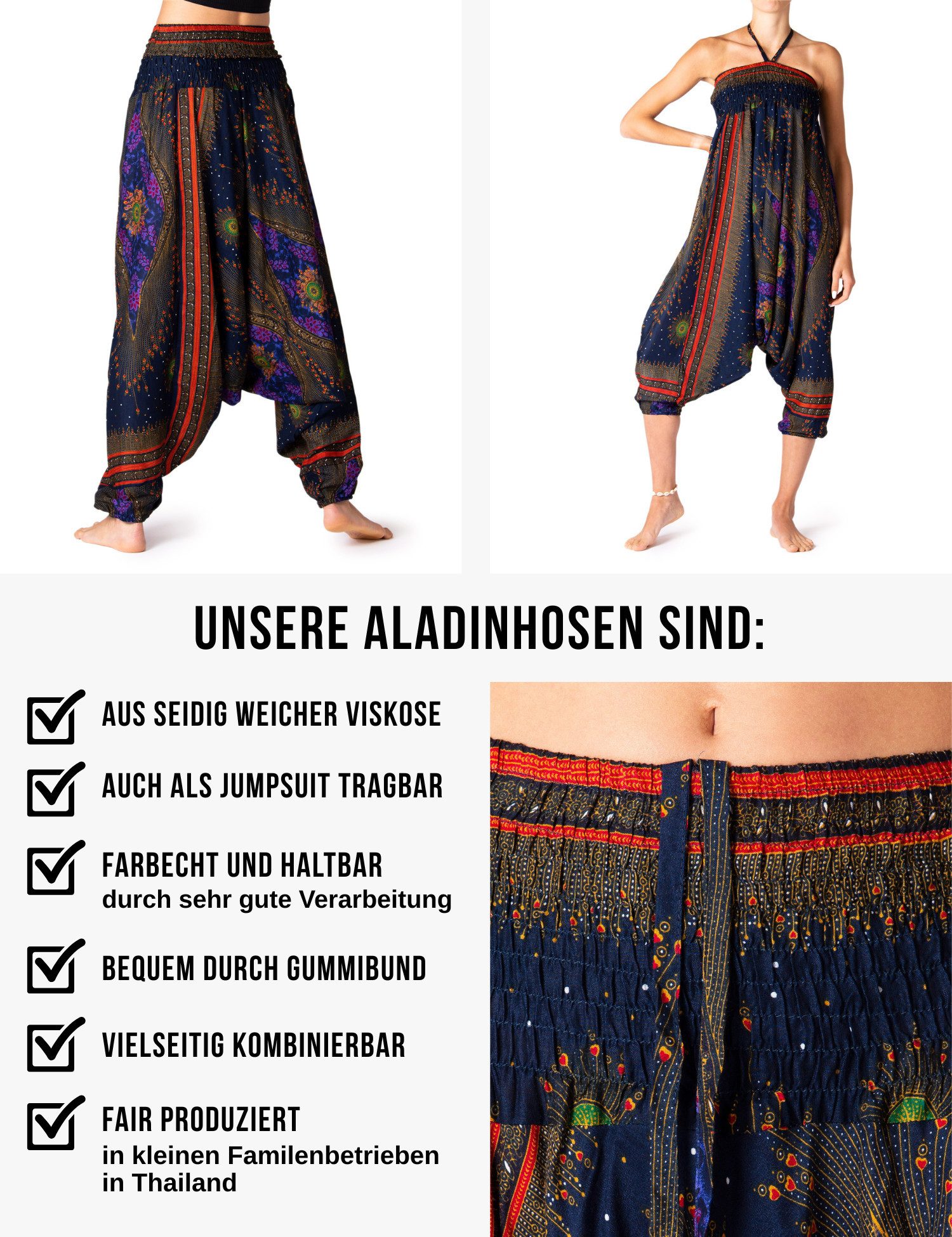 PANASIAM Haremshose Aladinhose im schönen Peacock Design Haremshose aus 100% natürlicher Viskose auch als Overall tragbar Damen Pumphose bequeme Freizeithose
