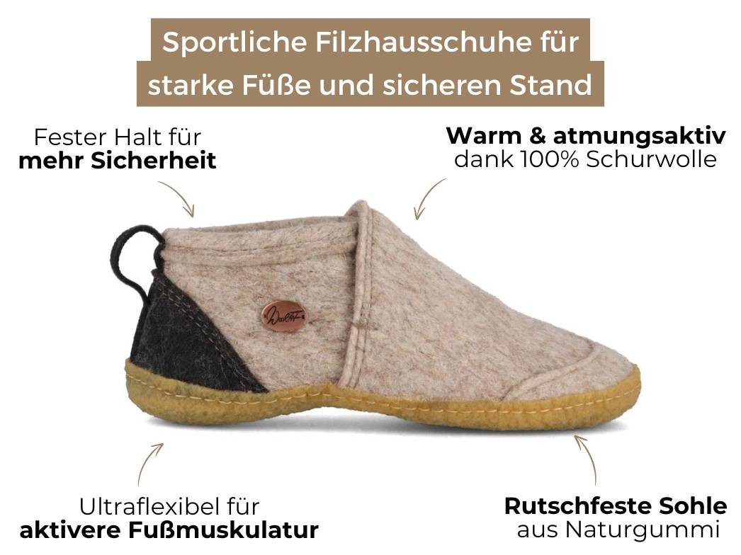 WoolFit Homeoffice Hausschuhe Taiga Hausschuh mit Naturkautschuk Sohle