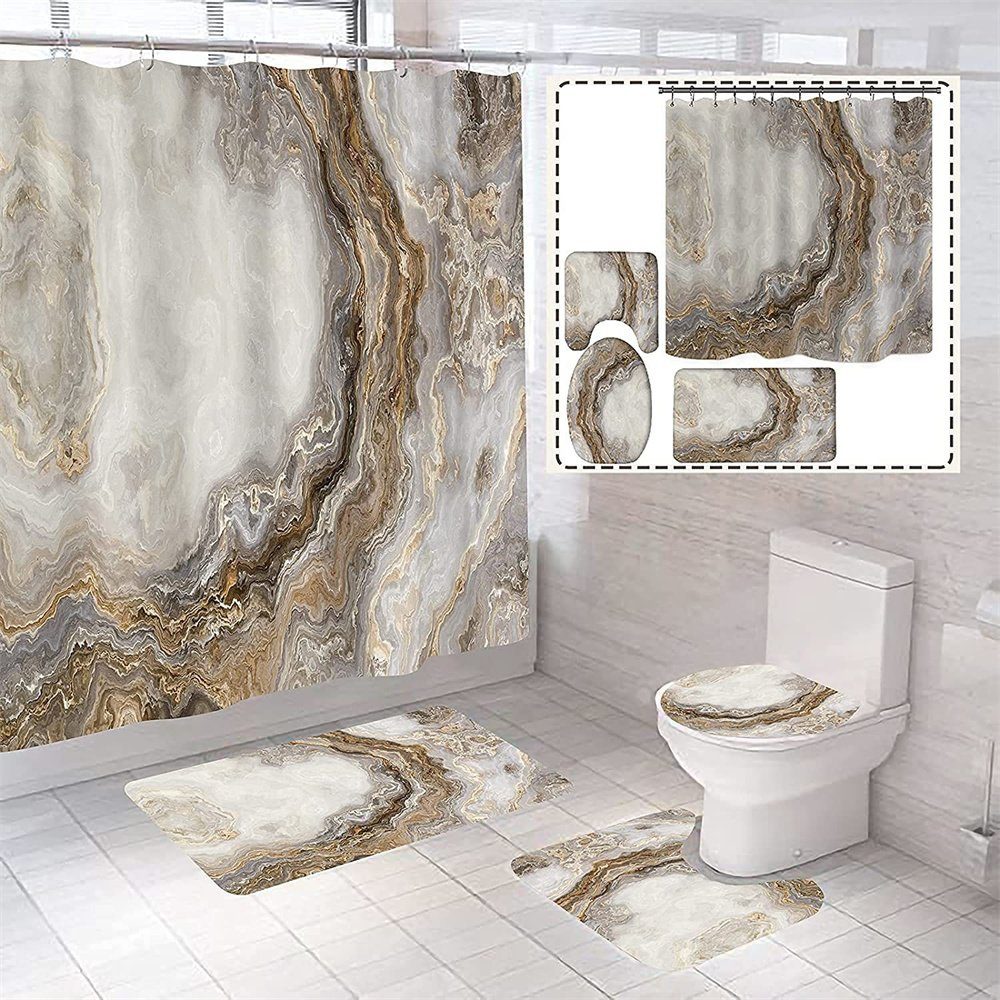 L.Ru Wasserdichter Toilettenmatte, vierteiliges Bettvorleger Teppiche Badezimmer-Set (1-St., 4 Set Badezimmervorhang-Set), rutschfeste Badezimmerteppich Teilig UG Saugfähige Waschbar Weich Duschvorhang, Set