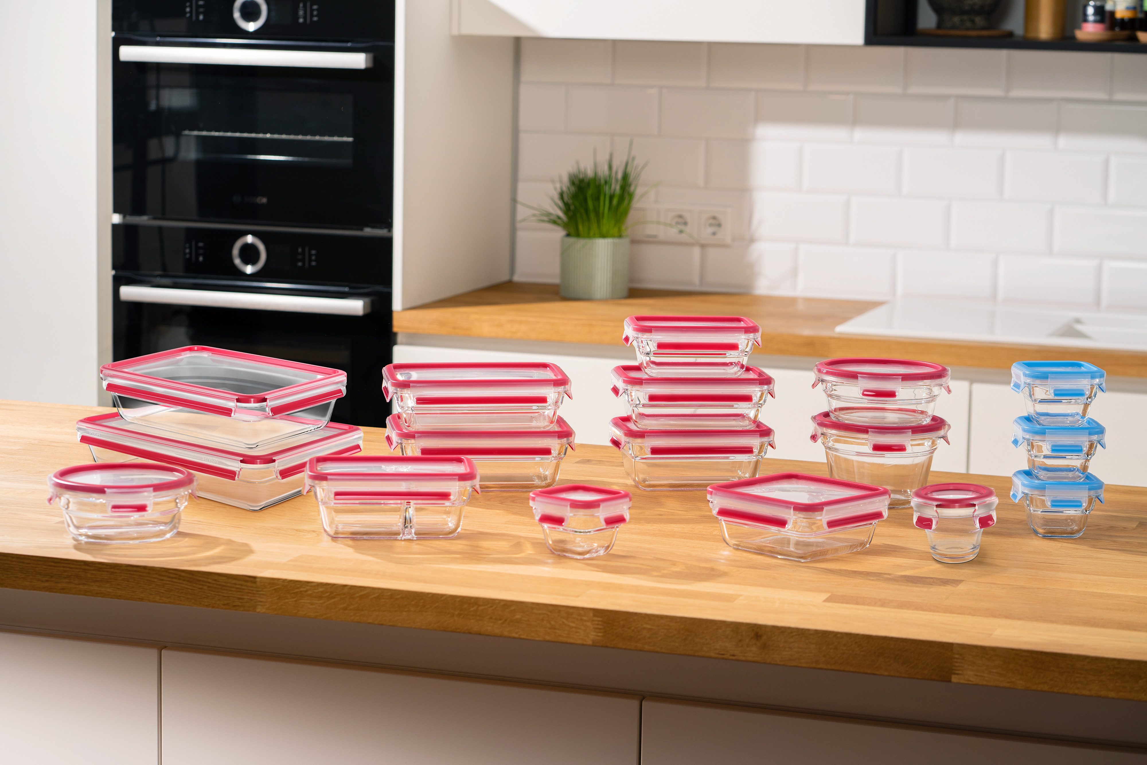 Emsa Aufbewahrungsschüssel Clip & Close Glas, Glas, Polyprophylen (PP), (Set, 3-tlg), 0,45 Liter, rechteckig, Stapelkante, backofenfest, dicht