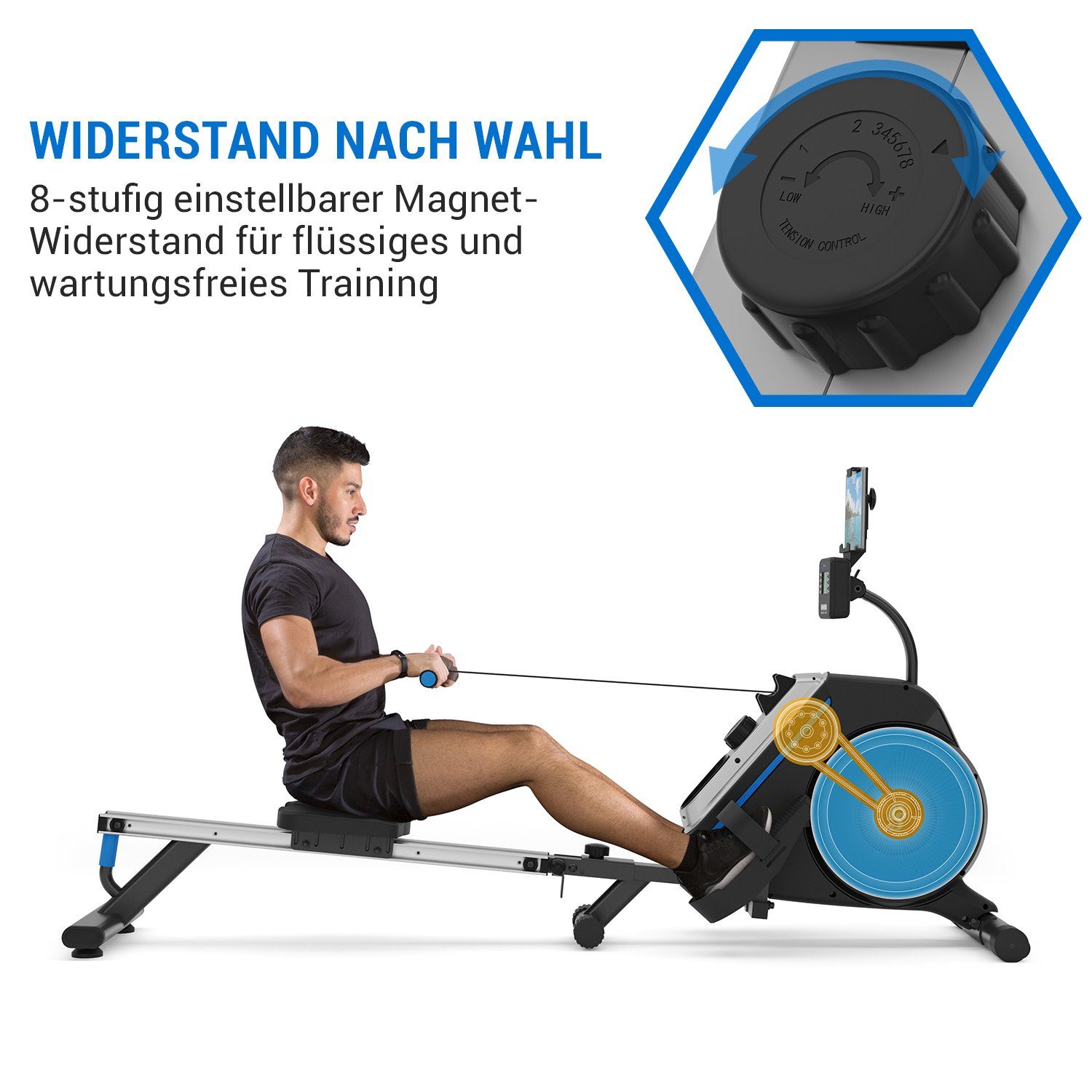 Capital Sports Rudermaschine Helios Magnetrudergerät 8 Stufen LED Aluminium klappbar 150 kg 2m (Set, Tablethalterung;Kinomap-Integration), Rudermaschine Heimtrainer mit LED-Computer & Tablet-Halter 150 kg