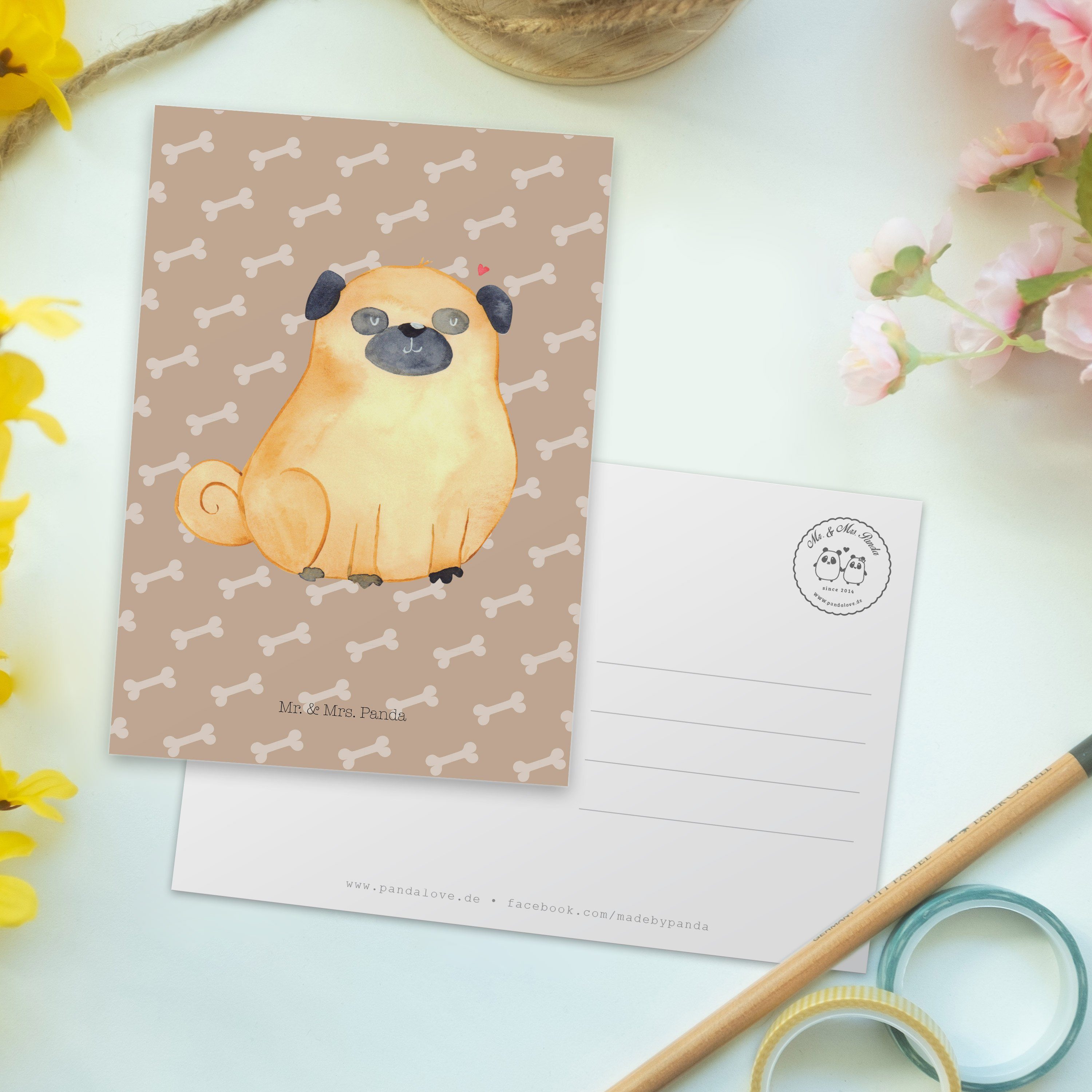 Liebe Mops Hundeliebe, Postkarte - & Mrs. Einladung, Mr. Panda - Haustier, Geschenk, Hundeglück