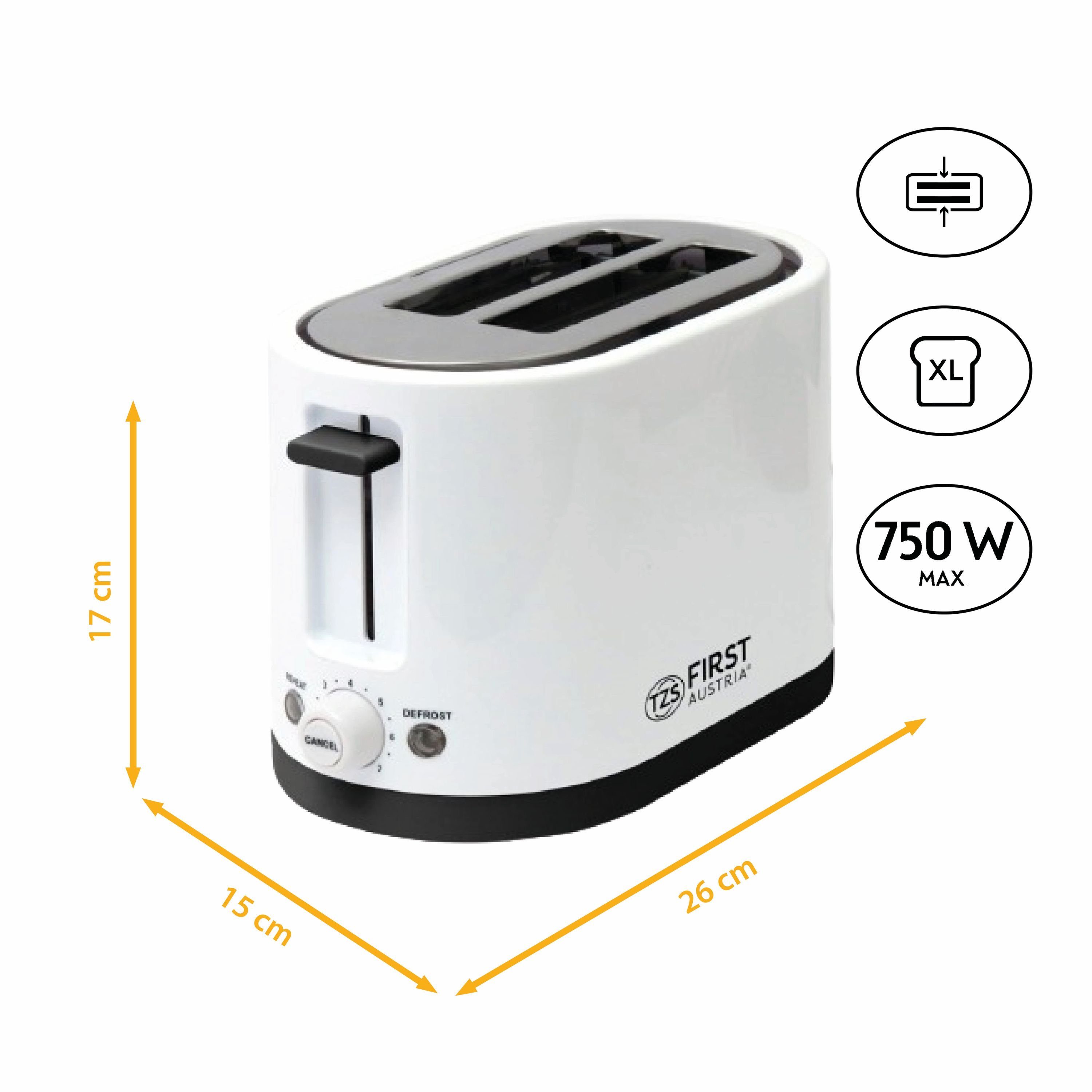 Toaster 750W, 2 Stufen, Warmhalte- Krümelschale 7 2 Scheiben, für Doppel TZS inkl. Kurzschlitz weiß, Auftaufunktion, und AUSTRIA Scheiben, Toaster, FIRST