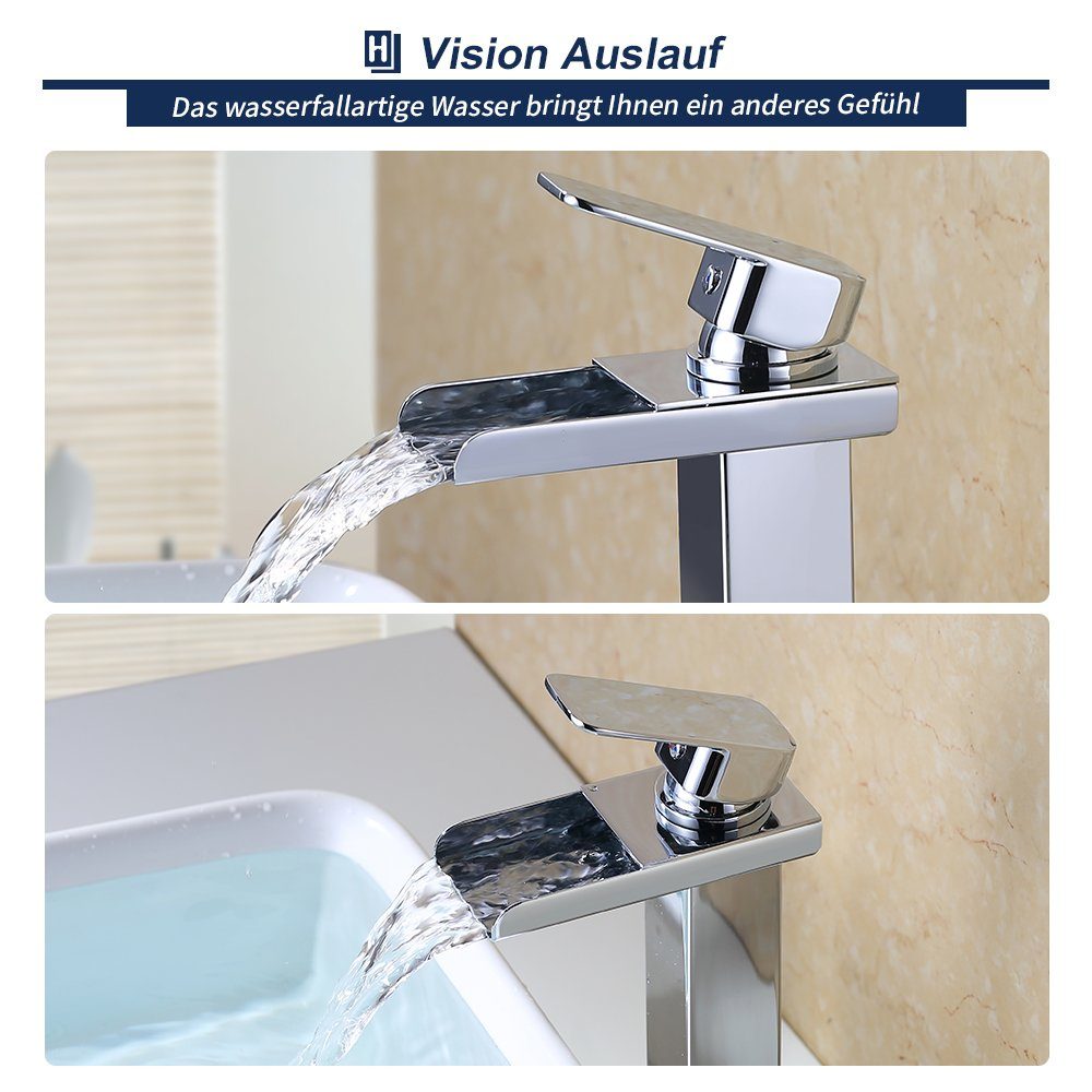 HOMELODY Badarmatur Wasserhahn Bad Wasserfall Hoch Wascbecken Armatur Mischbatterie Bad Waschtischarmatur Waschbeckenarmatur Armatur, chrom, Hoch