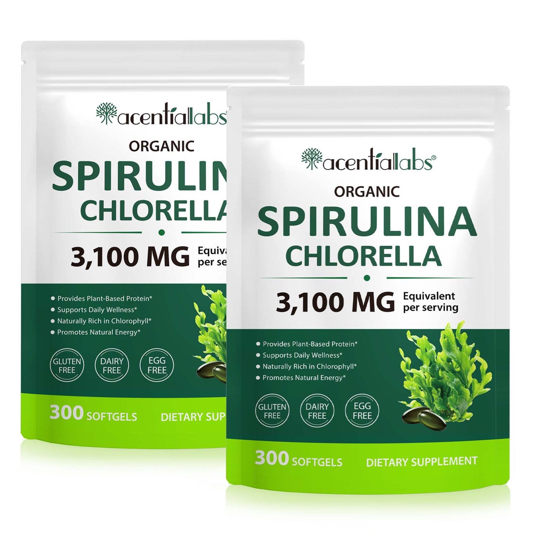 Acentiallabs Spirulina Chlorella Softgels Mineralien 300 Kapseln 3100 mg Vegan Kapseln, Superfoods, Nahrungsergänzungsmittel, Spirulina