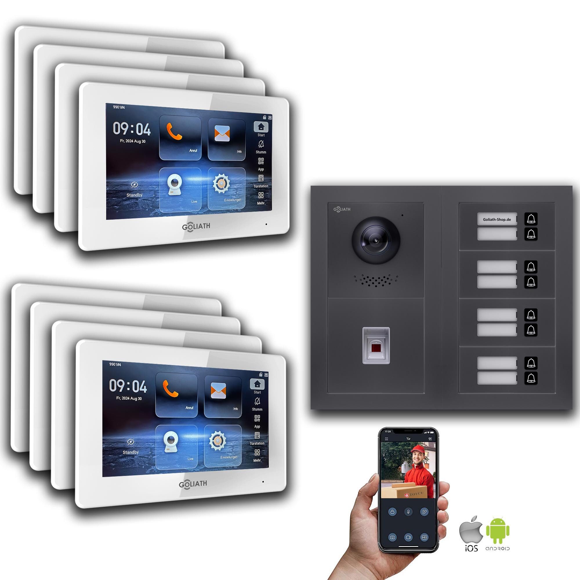 Goliath Intercom Video-Türsprechanlage Goliath IP Video Türsprechanlage: 7-Zoll 8 Familienhaus, Fingerprint, (Privat oder Gewerblich)