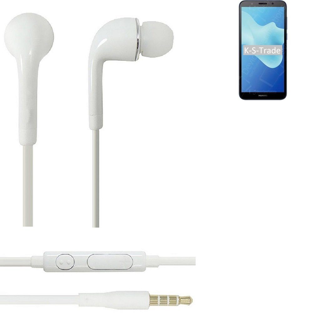 K-S-Trade für Huawei Y5 2018 In-Ear-Kopfhörer (Kopfhörer Headset mit Mikrofon u Lautstärkeregler weiß 3,5mm)