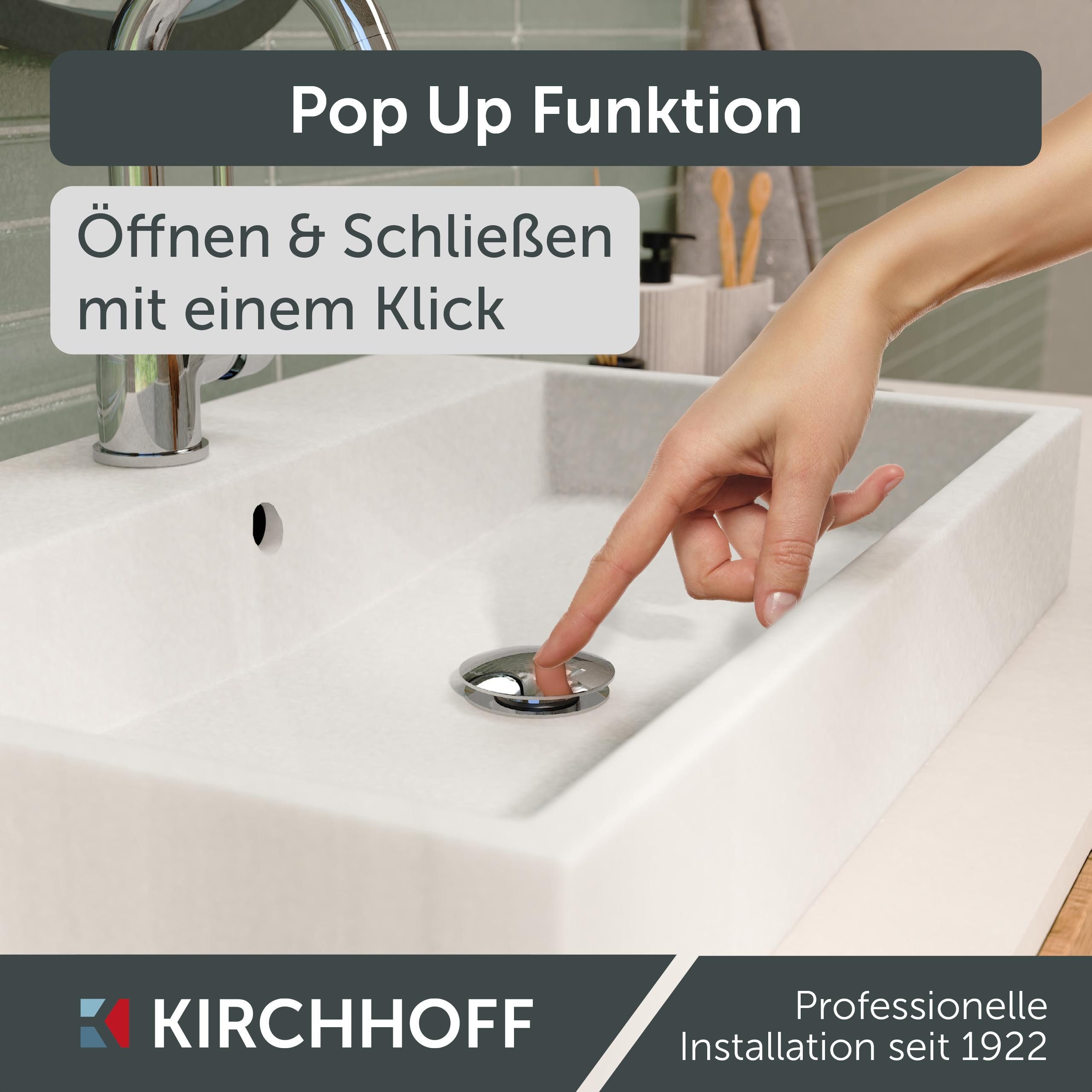 Kirchhoff Ablaufventil Design-Ablaufventil mit Überlauf, Ablauf Senkrecht, [1 1/4", Packung, Ablaufventil für Waschbecken & Waschtisch, Pop Up Ventil, Push-Open
