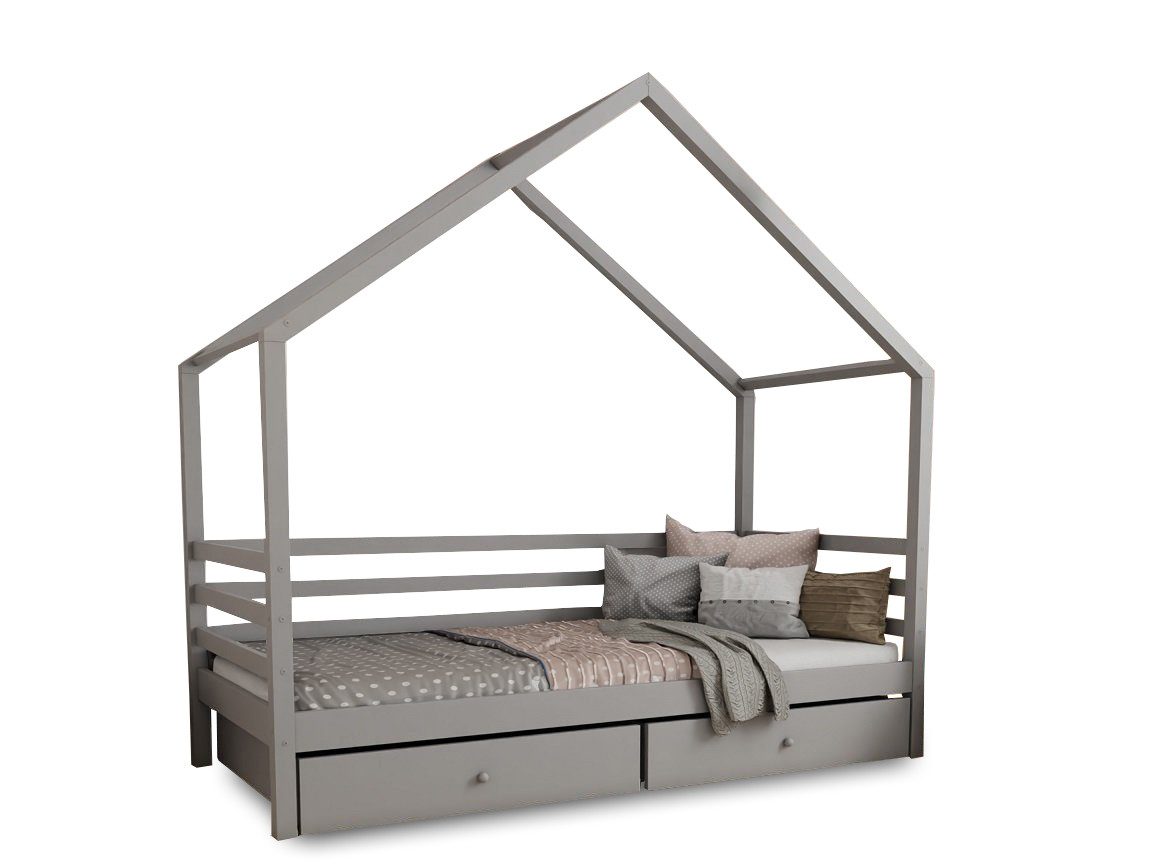 Deine Möbel 24 Hausbett Kinderbett Einzelbett COMET mit Schubladen Weiß Grau Kiefer (aus Vollholz Kiefernholz Stabil Schubkästen Matratze optional), 80x160 80x180 90x190 90x200 120x200 140x200