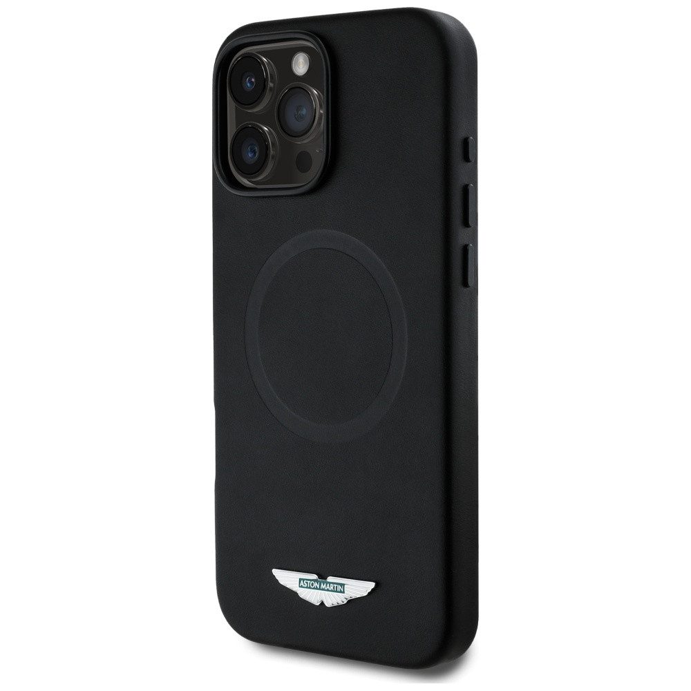 Aston Martin Handyhülle iPhone 16 Pro Max MagSafe Silikon schwarz Logo Metall 6,9 Zoll, Kantenschutz