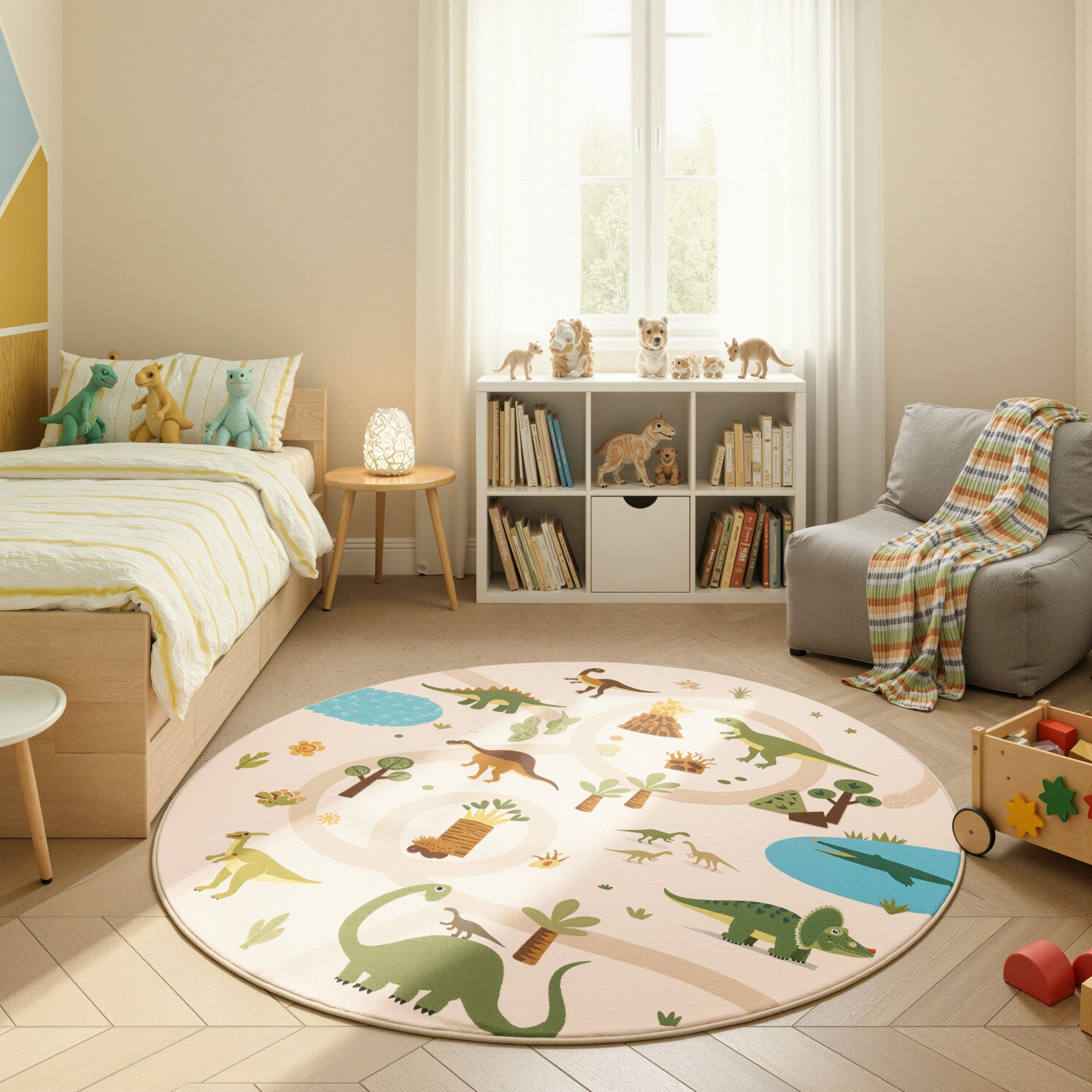 Teppium Teppich Bunte Dino Welt, Rund, Höhe: 5 mm, Teppich Kinderzimmer