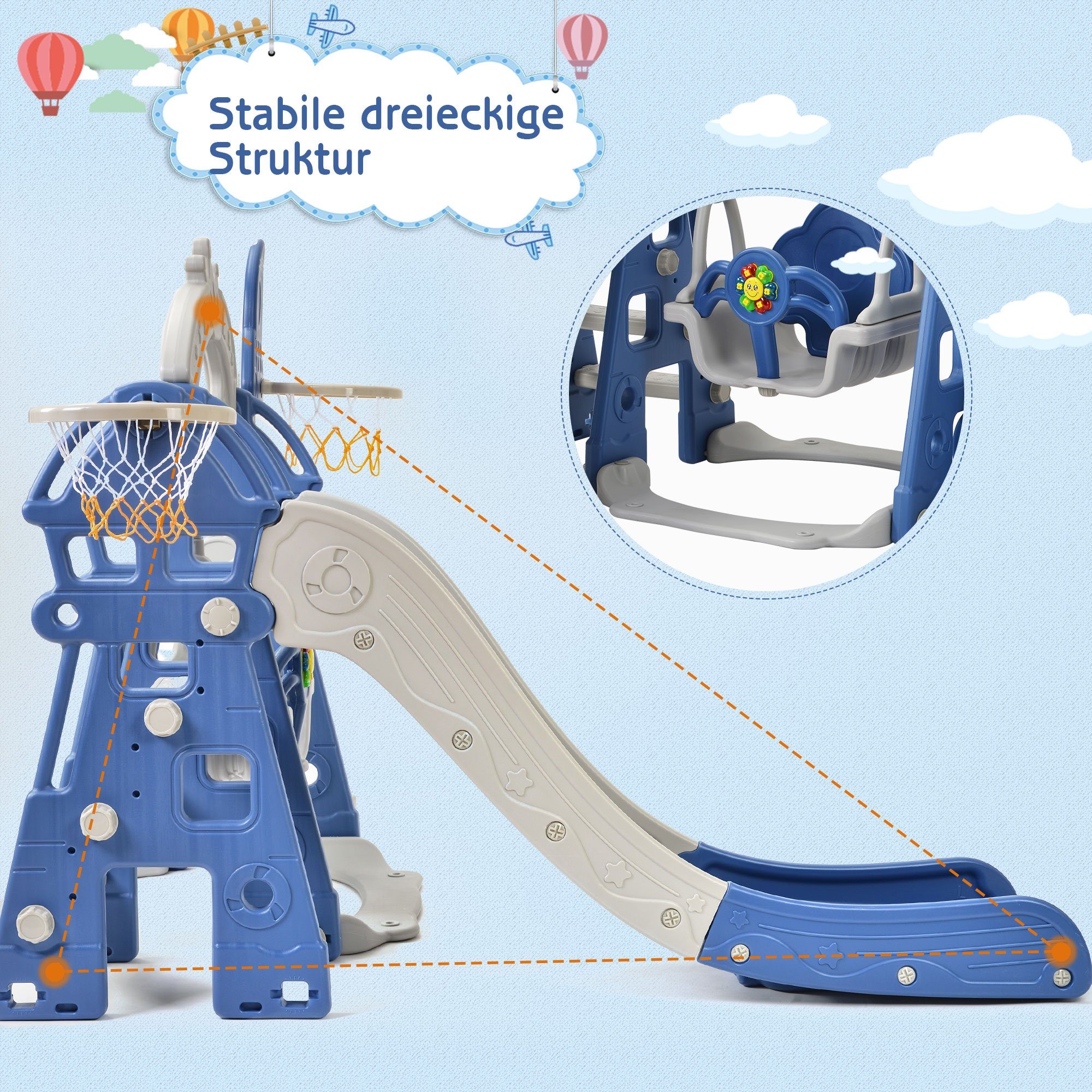 Rutsche, (Kleinkinderrutsche Gartenrutsche für 2-8 Jahre Kinder), Kinderrutsche mit Basketballkorb, Fußballtor, Schaukel und Kletterturm