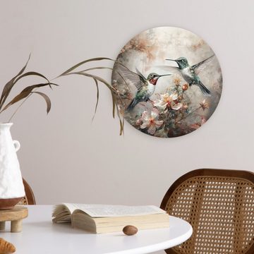 MuchoWow Gemälde Kolibri - Vögel - Blumen - Pflanzen, (1 St), Kreis Wanddekoration Forex, Rundes Wandbild, Wohnzimmer, 30x30 cm