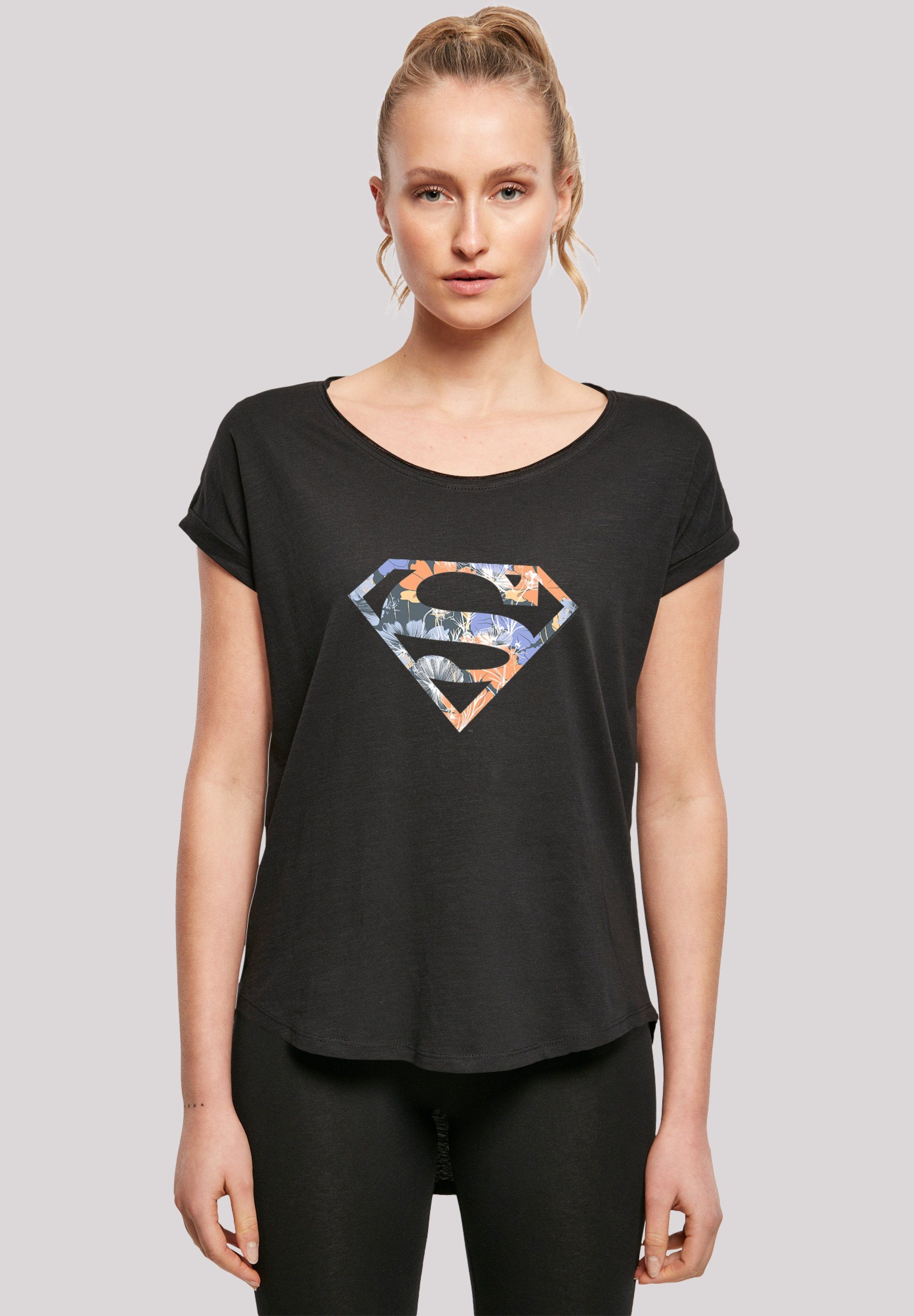 F4NT4STIC T-Shirt Long Cut T-Shirt DC Comics Superman Floral Logo Superheld  Damen,Premium Merch,Lang,Longshirt,Bedruckt