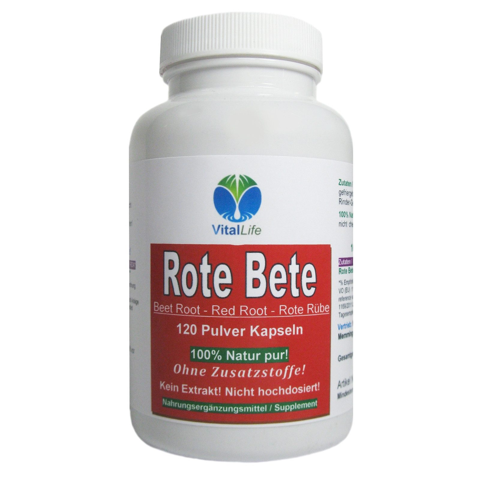 VitalLife Rote Bete Wurzelpulver – Reines Naturpulver für Sport & Wellness Kapseln, 1 er Dose à 120 St., 70 g, Art. 26315