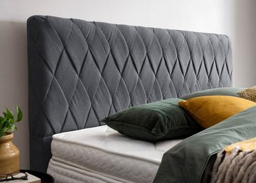 BettCo Boxspringbett Lyon (in Anthrazit Webstoff, 140 x 200 cm), Kopfteil handgeflochten + optionaler Topper, Gleiterfüße