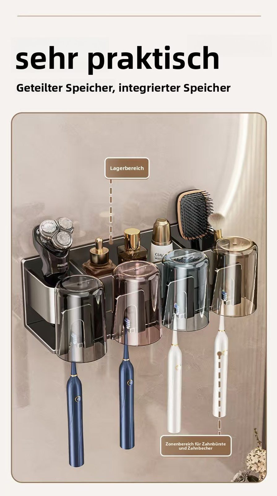 Jumpeak Zahnbürstenhalter zahnbürstenhalter wand ohne bohren, Metallkonstruktion,Partitionsstruktur,Duschablage – Bild 4 von 5