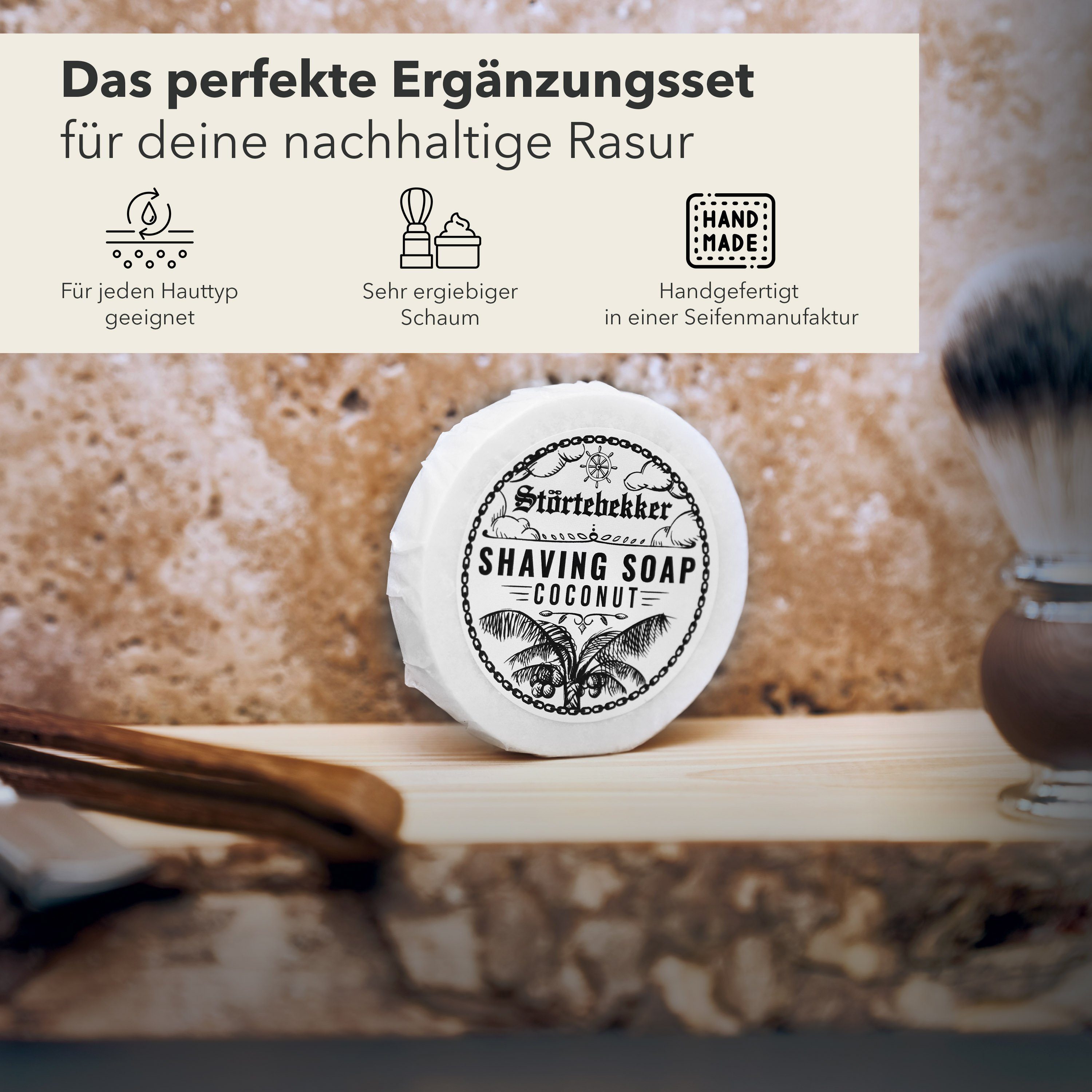 Störtebekker Rasierseife Kokos - für ergiebigen Rasierschaum - Handgefertigt, 1-tlg., Vegan, plastikfrei verpackt, handgefertigt