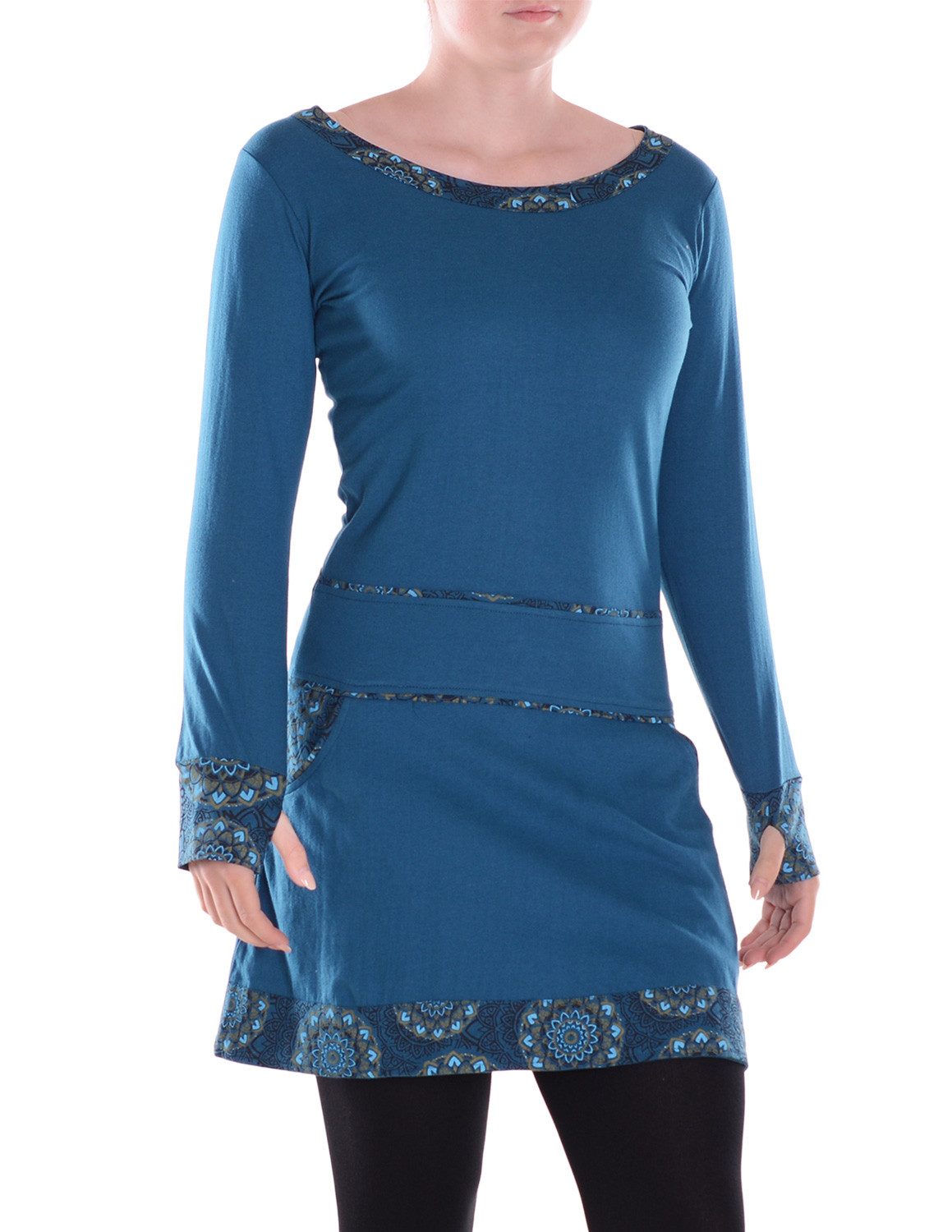 Minikleid Damen Langarm Kleid Baumwolle Geometrisch mit Taschen