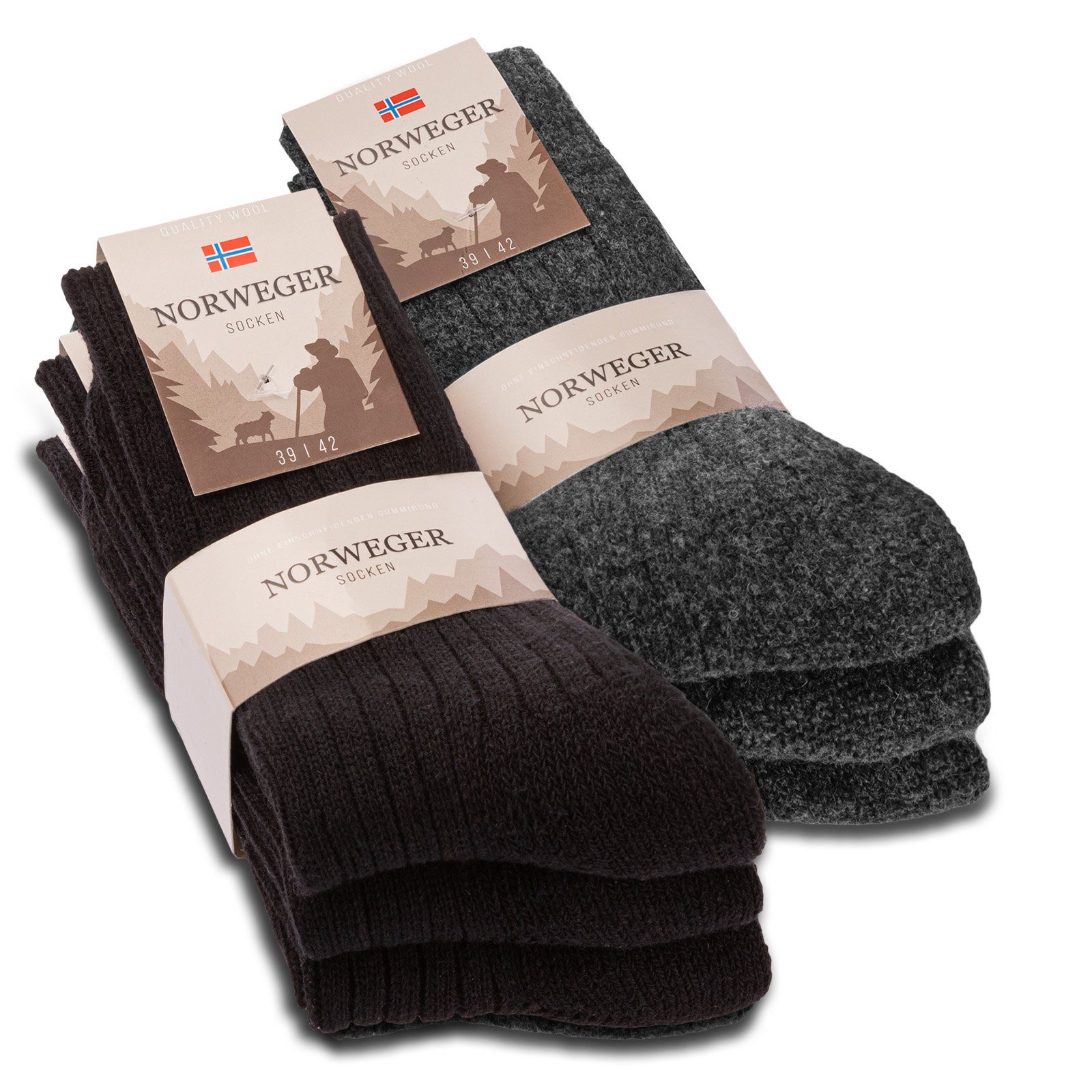 sockenkauf24 Norwegersocken 6 Paar Damen & Herren Socken mit Wolle Wintersocken (Schwarz/Anthrazit, 39-42) Schwarz Grau Anthrazit - 20100