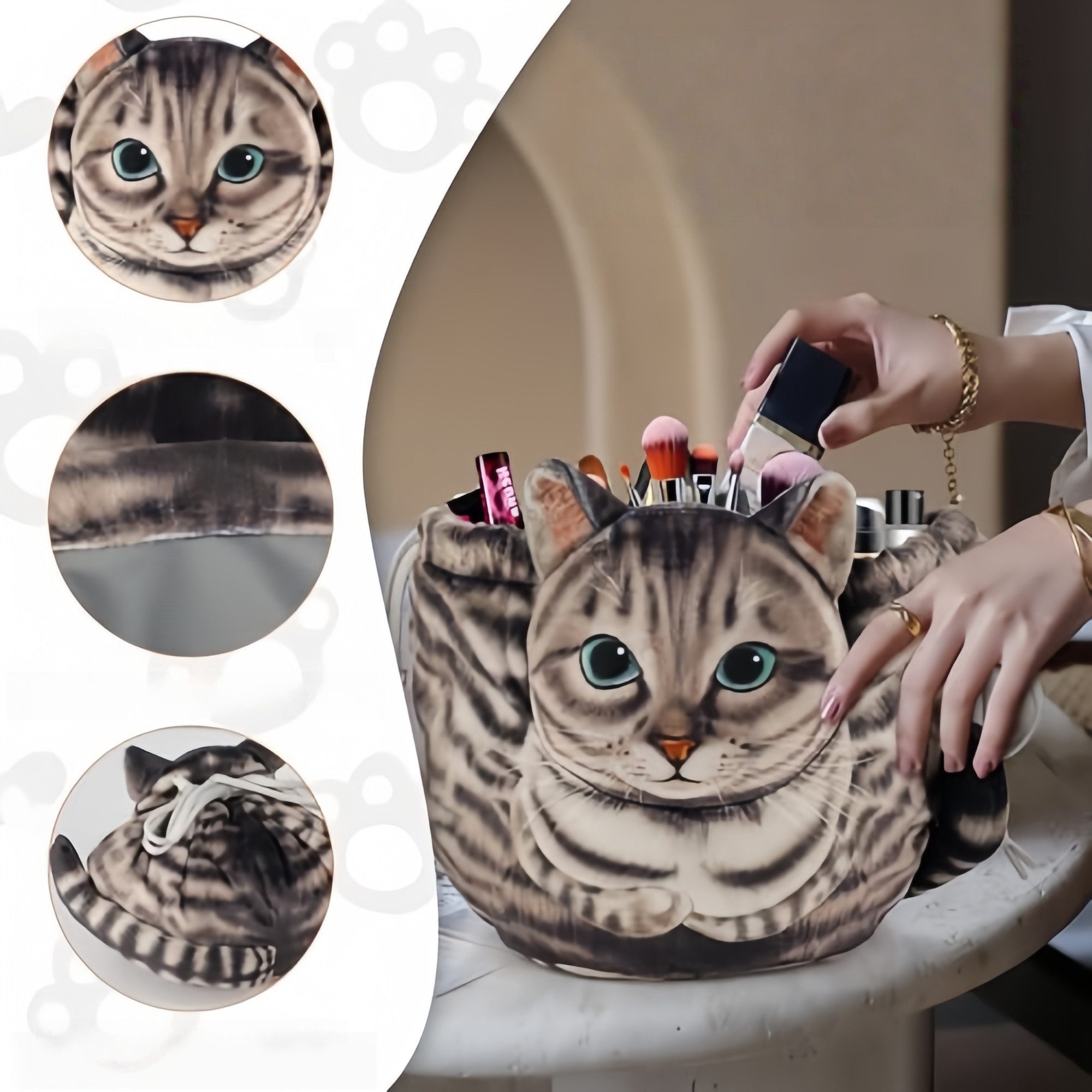 FOUORTUNATE-BEE Kulturbeutel Kosmetiktasche mit Katzenmotiv, groß & tragbar mit Kordelzug, Niedliche Make-up Tasche für Reisen, Geschenk für Katzenfans – Bild 4 von 5