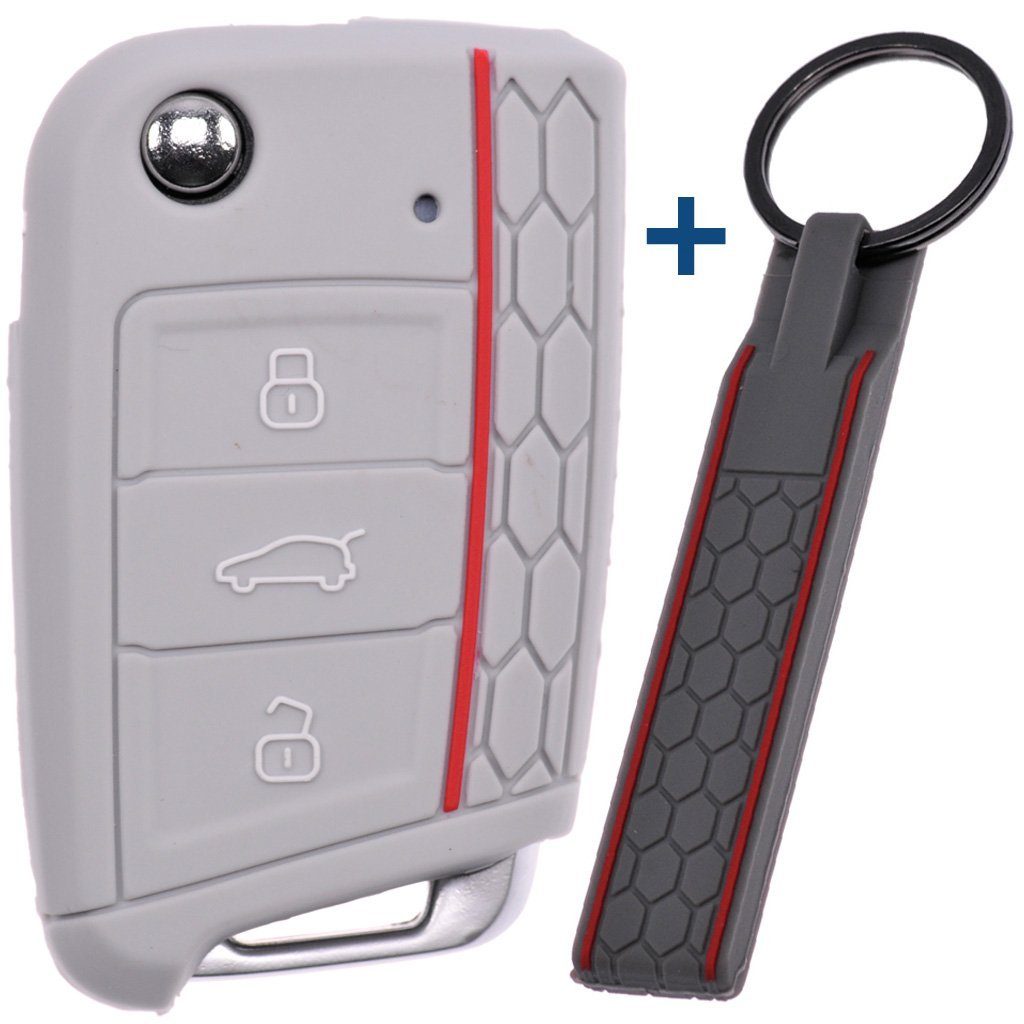 mt-key Schlüsseltasche Autoschlüssel Silikon Schutzhülle mit passendem Schlüsselband, für Golf 7 Polo 6C Seat Ateca Arona Leon Skoda Octavia Superb Kodiaq Grau