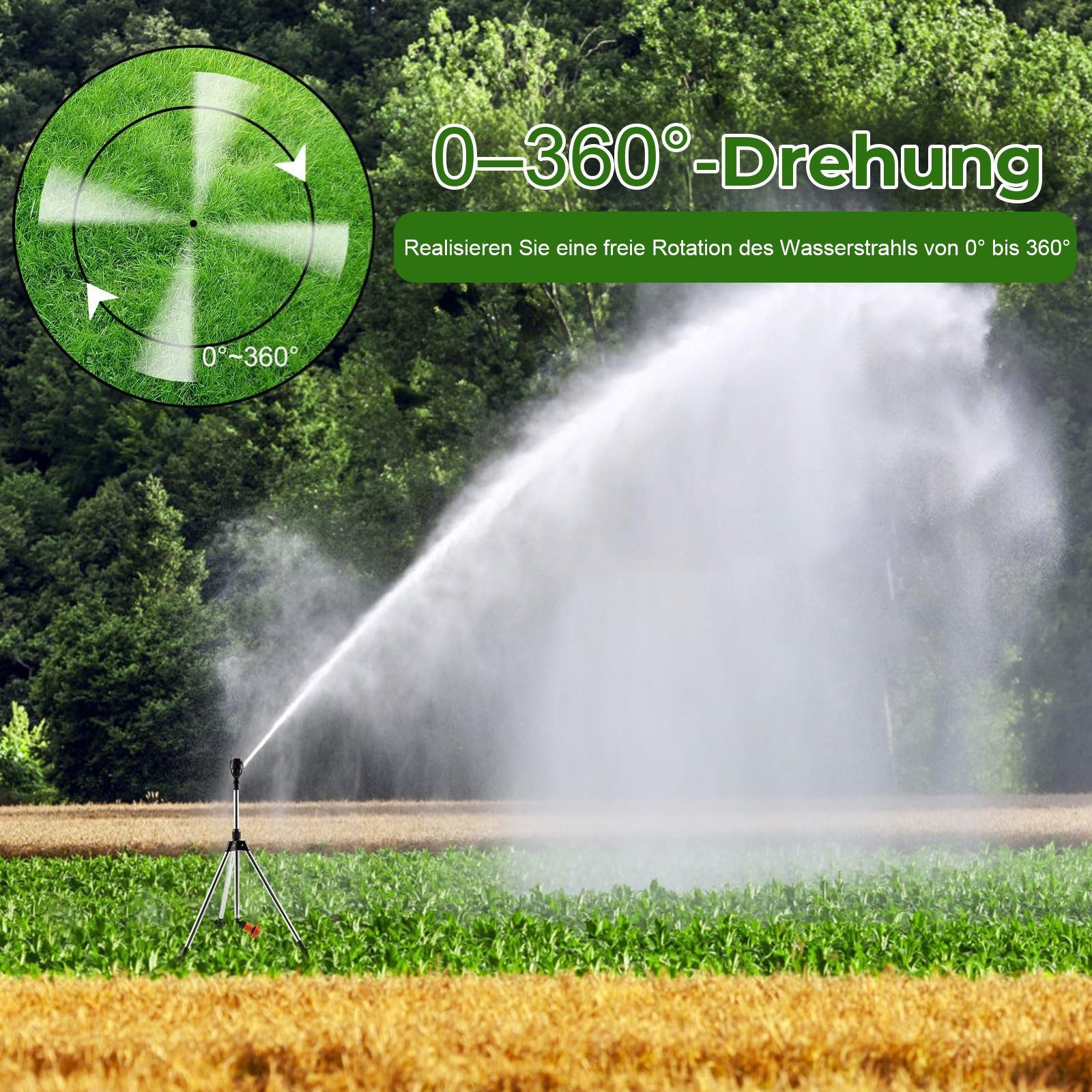Jibenhome Gartenspritze Rotierend Dreibein Regner,Kreisregner Sprinkler,360°Abdeckung, Gartenbewässerung, mit Metall Stativsockel,für Rasen, Garten und Hof – Bild 4 von 5
