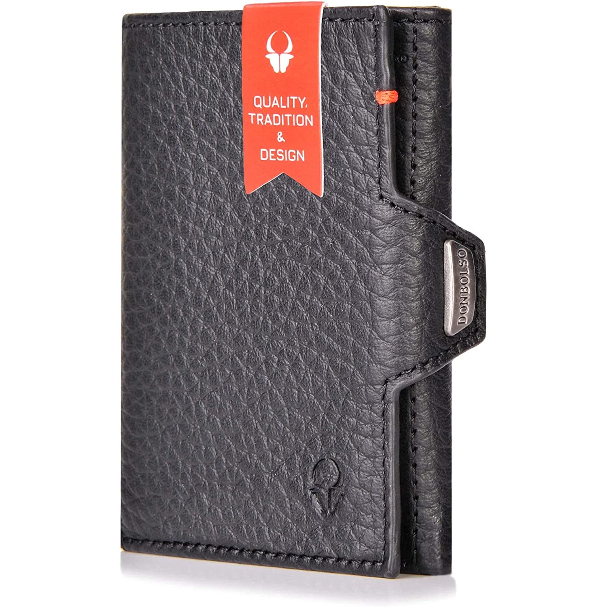 Donbolso Mini Geldbörse Ledergeldbörse Slim Wallet mit Münzfach RFID Schutz 11 Karten, Nappa Genarbt Schwarz Mit Mnzfachklassisch