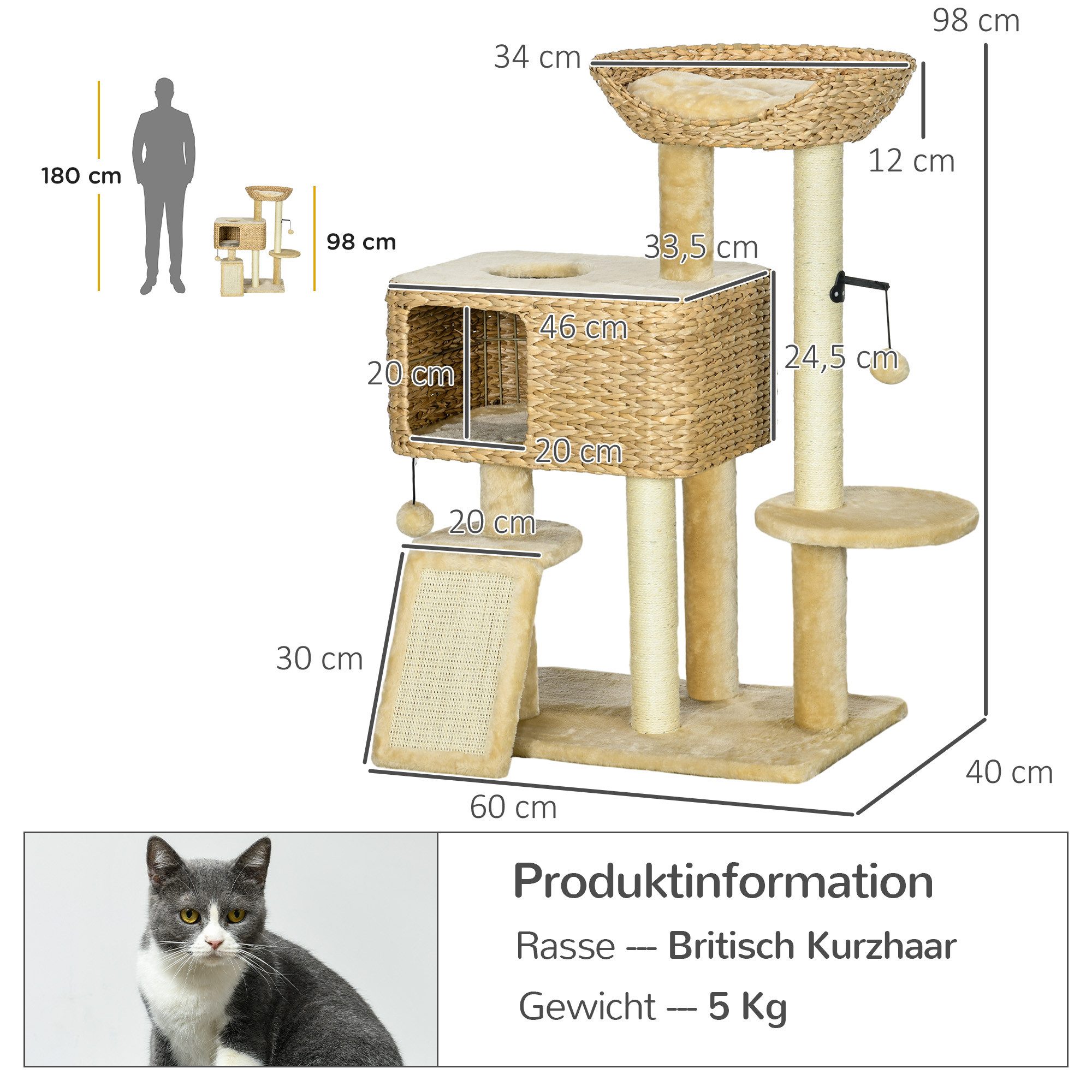 PawHut Kratzbaum Katzenturm mit 2 Liegeflächen, Höhle, Kratzbaum, Wasserhyazinthe, Sisal, Beige, 60 x 40 x 98 cm