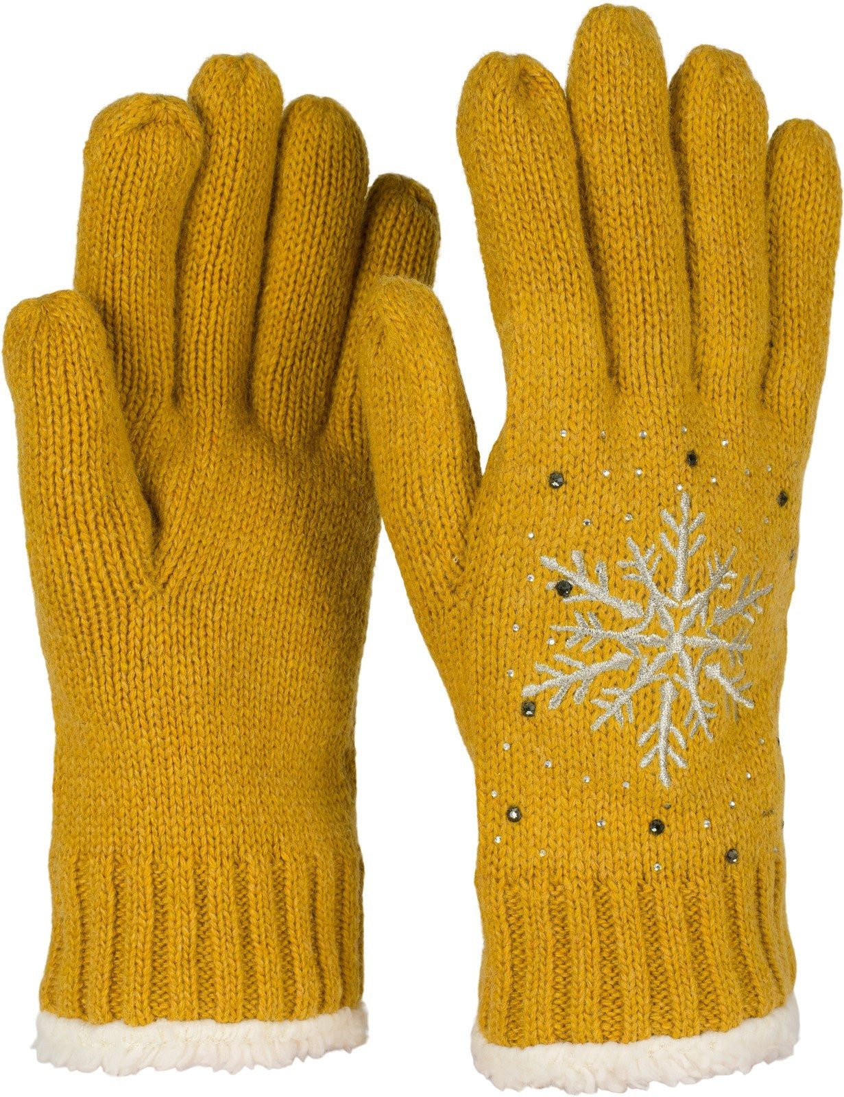 styleBREAKER Strickhandschuhe Strickhandschuhe mit Schneeflocke, Strass und Fleece (1-St)