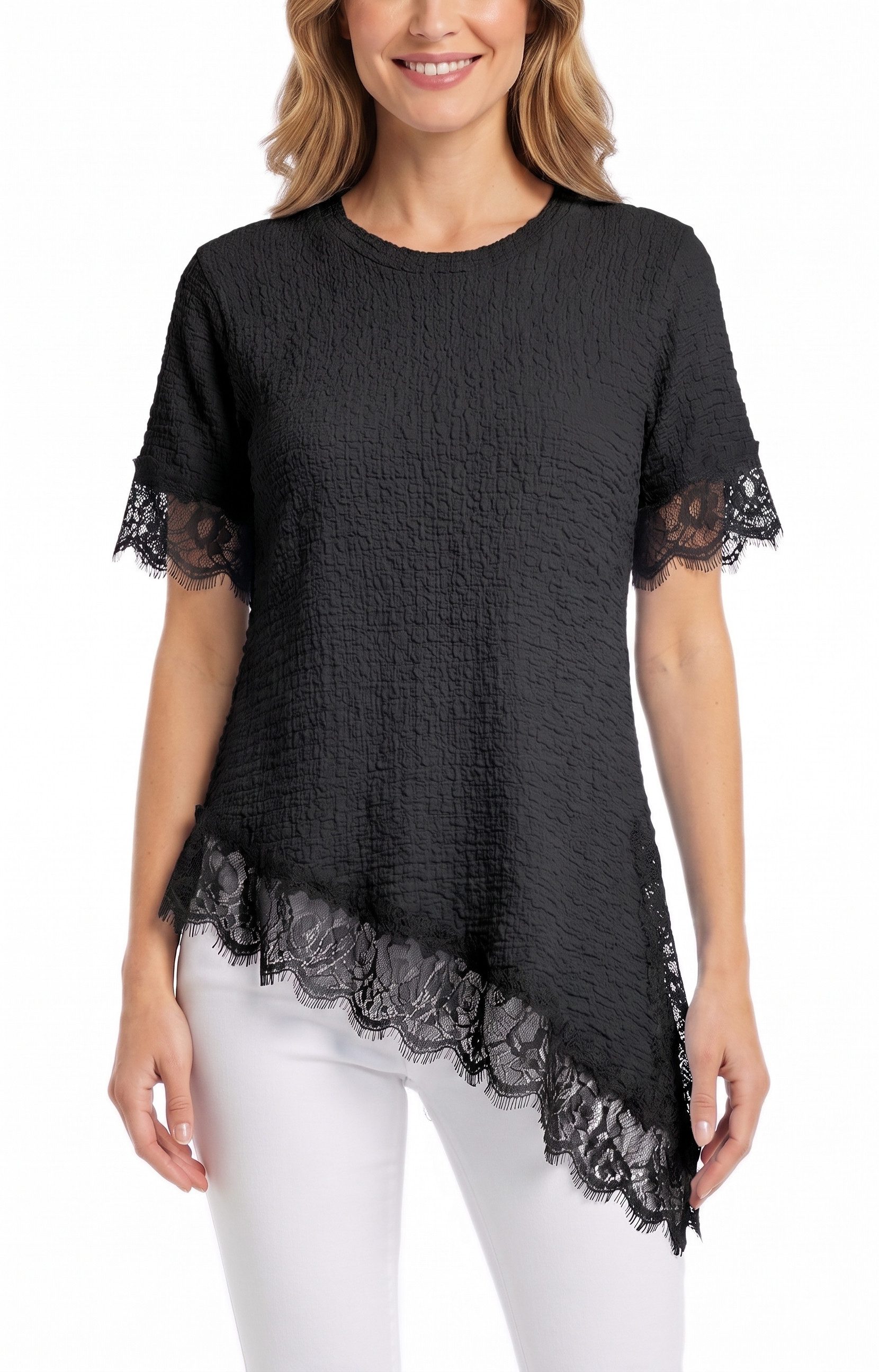 dy_mode Longtunika Damen Longshirt mit Spitzen Kurzarm Tunika in Knitter-Optik Oberteil in Unifarbe, Knitter-Optik, asymmetrisch mit Spitzen-Saum