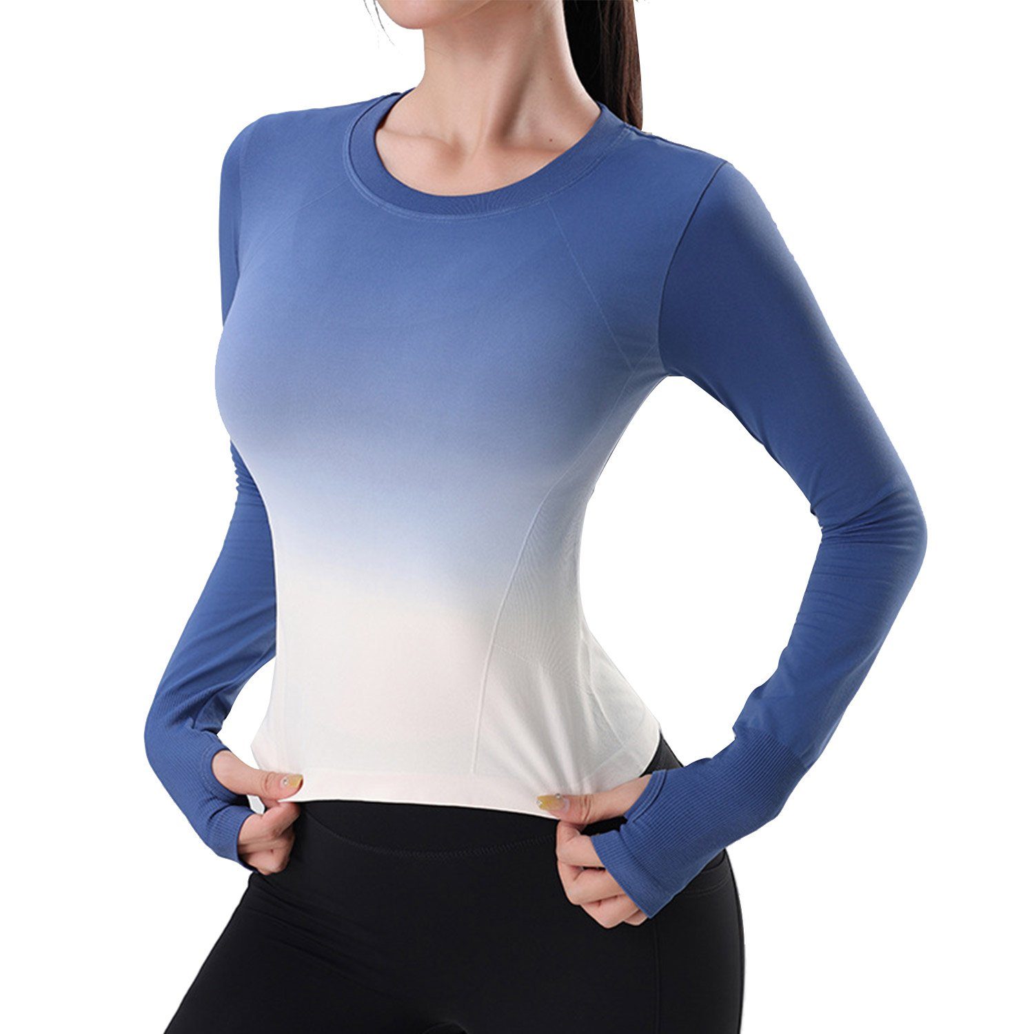 MAGICSHE Trainingsshirt Damen Sport Top mit Daumenlöchern Tanktops Eng sitzendes Sport T-Shirt für Yoga und Fitness blau
