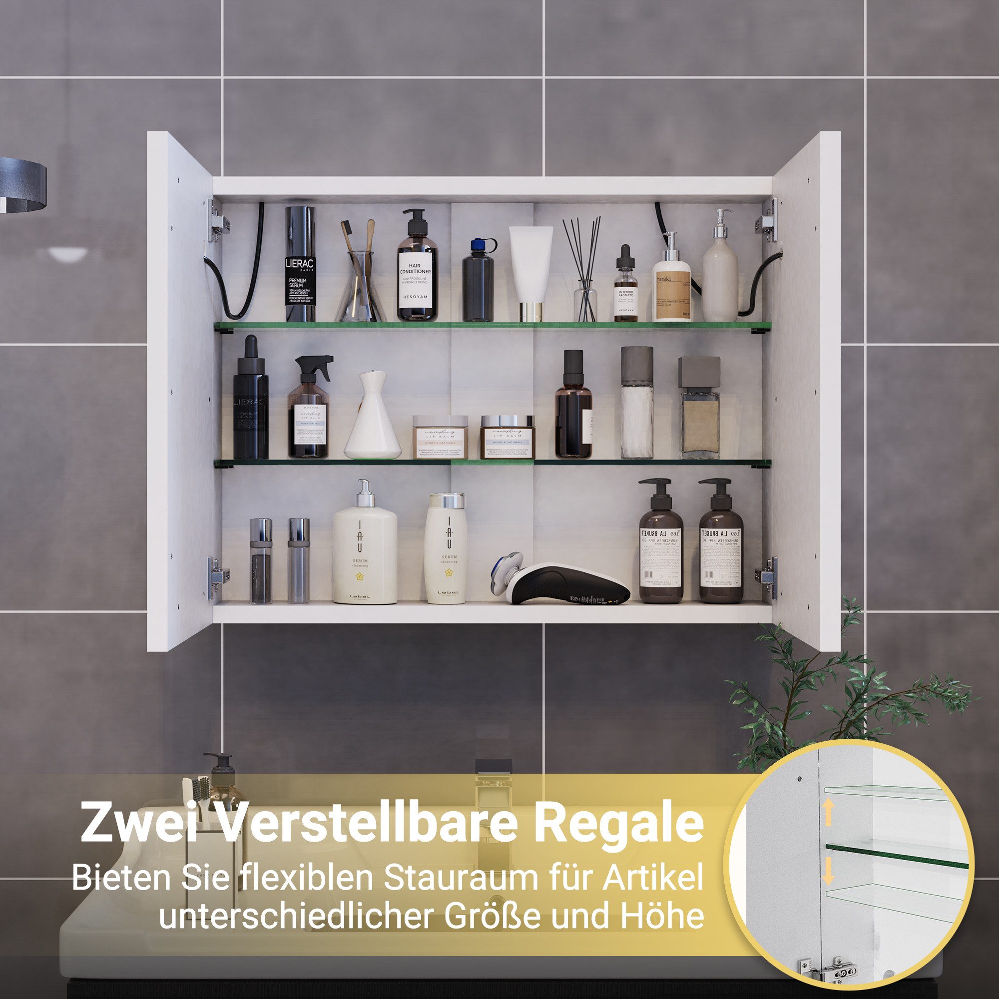 Furnishings Home Badezimmerspiegelschrank Spiegelschrank Doppeltür Hängeschrank mit LED (Einstellung der warmen und kalten Farbtemperatur 3000/4500/6400K) inkl. LED-Beleuchtung, Stecker, Touchschalter, Beschlagfrei