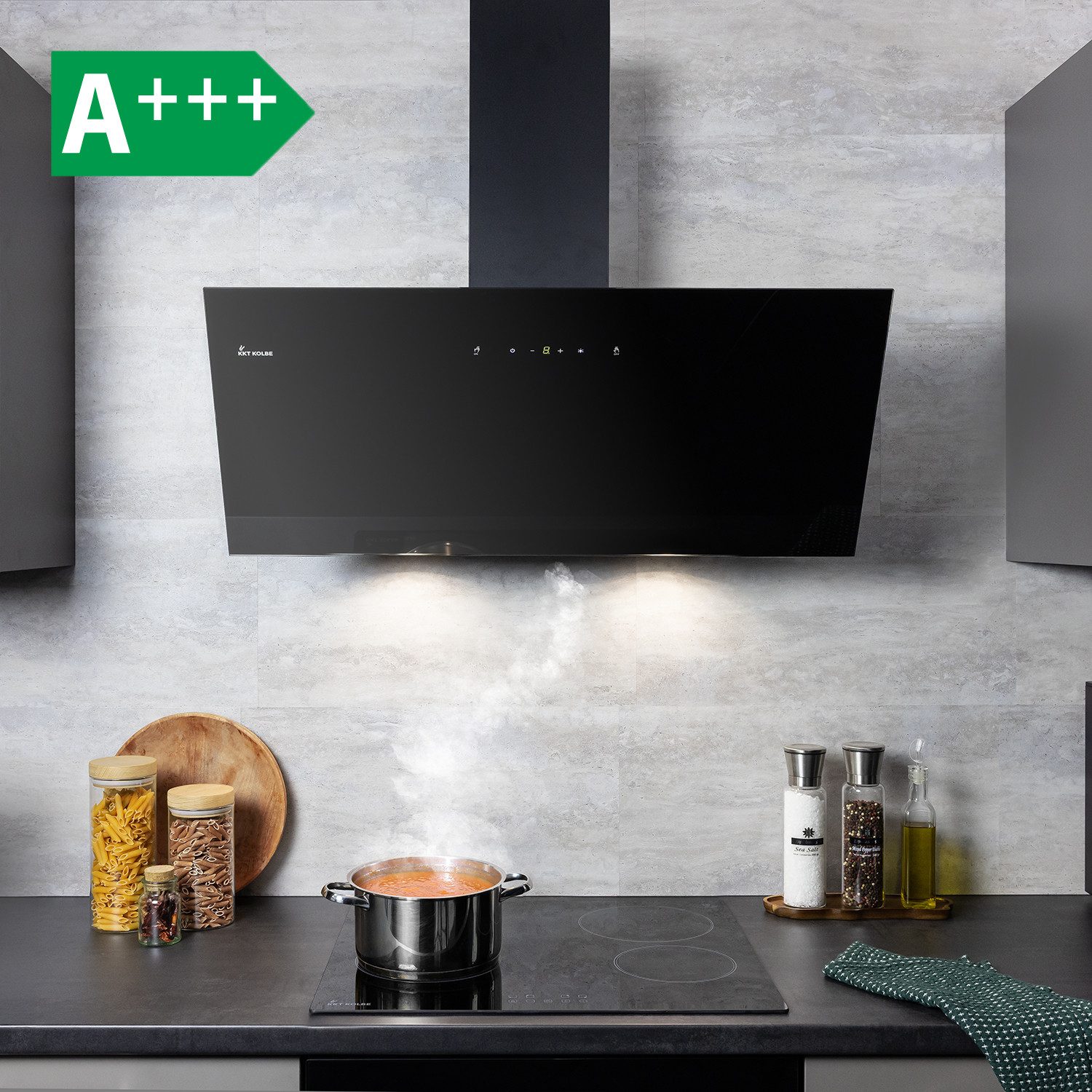 KKT KOLBE Wandhaube Dunstabzugshaube 90cm TRIO9025S Dunstabzugshaube 90cm TRIO9025S, Abzugshaube / Abluft / 90cm / Umluft / Schwarz / Gestensteuerung / LED