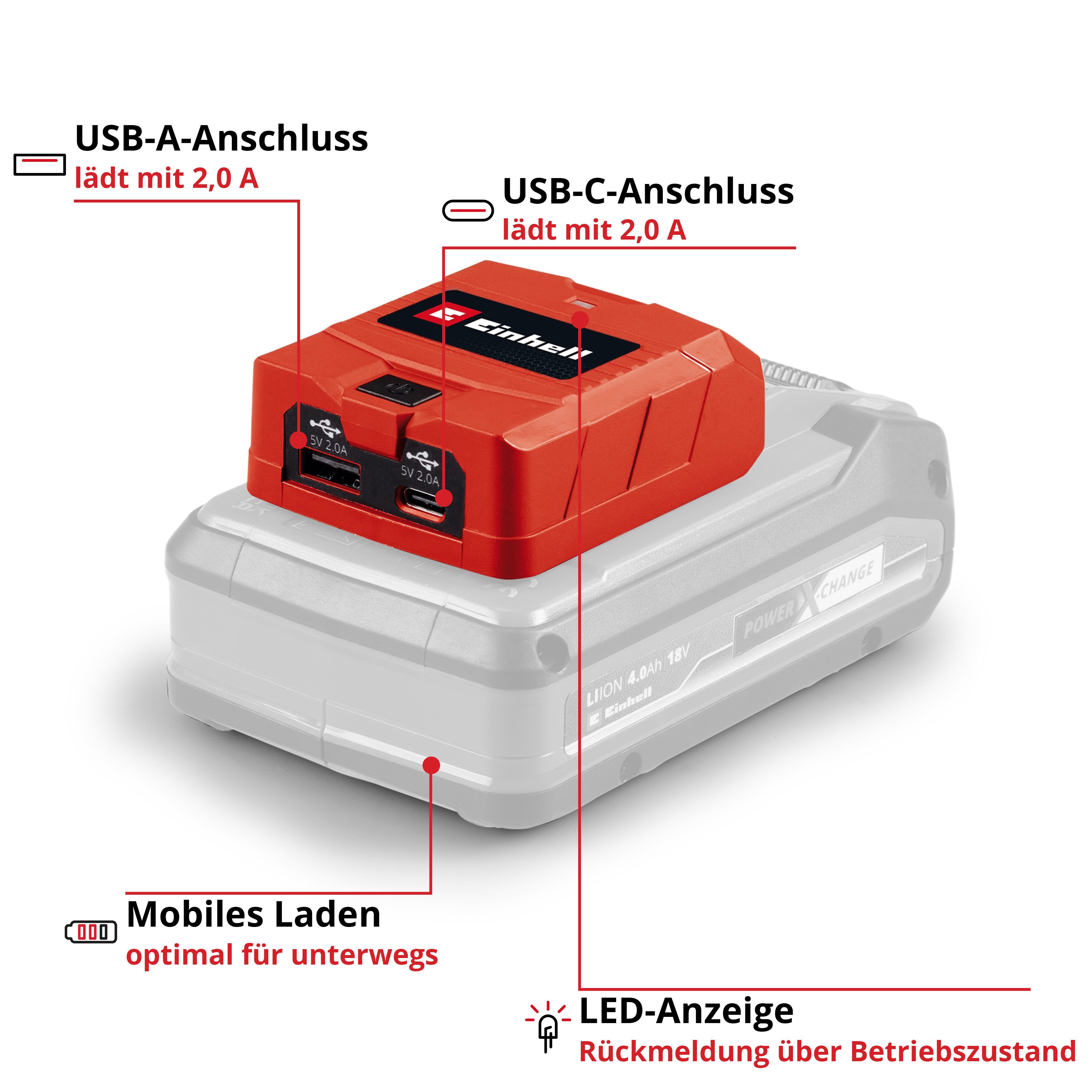Einhell Akku-Adapter TC-CP 18 Li USB A/C-Solo Akku-Ladestation (ohne Akku)