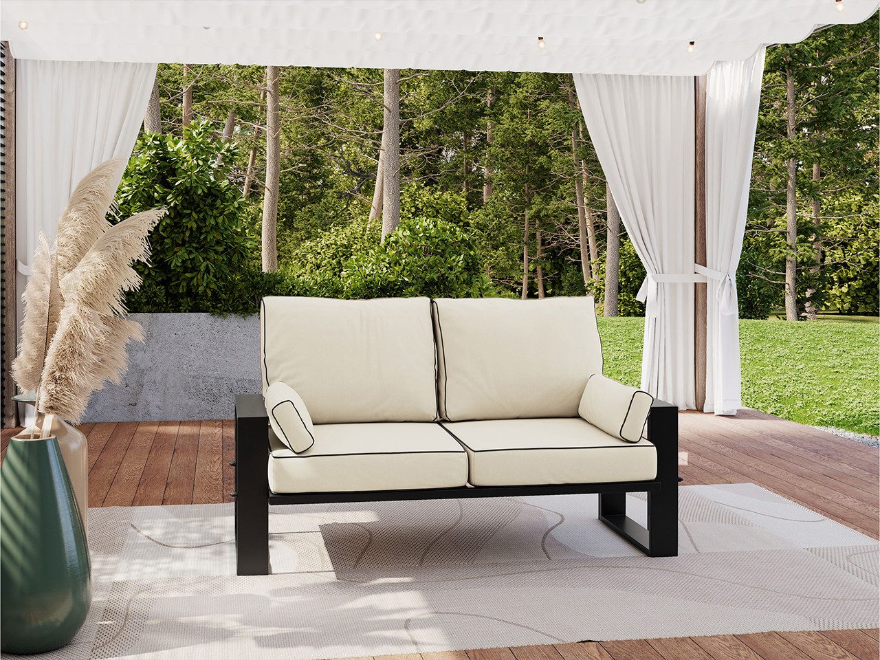 MKS MÖBEL Sofa ELBA, Wellenfeder, Stahlrahmen, T30-Schaum, Outdoor, Terrasse, Wetterfest, 2-Personen, Gartensofa mit Kissen, Metall