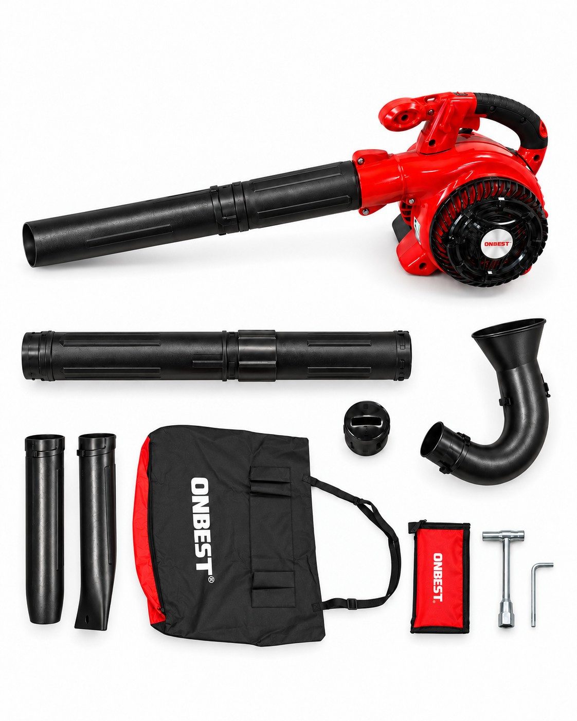 Onbest Benzin-Laubsauger LV850 3-in-1 Laubbläser & Häcksler, 25,4 cm³ Zweitakt, 0,8 kW, Turbodüse, Winkeldüse, 720 m³/h, Mulchverhältnis 10:1, 50 l Fangsack