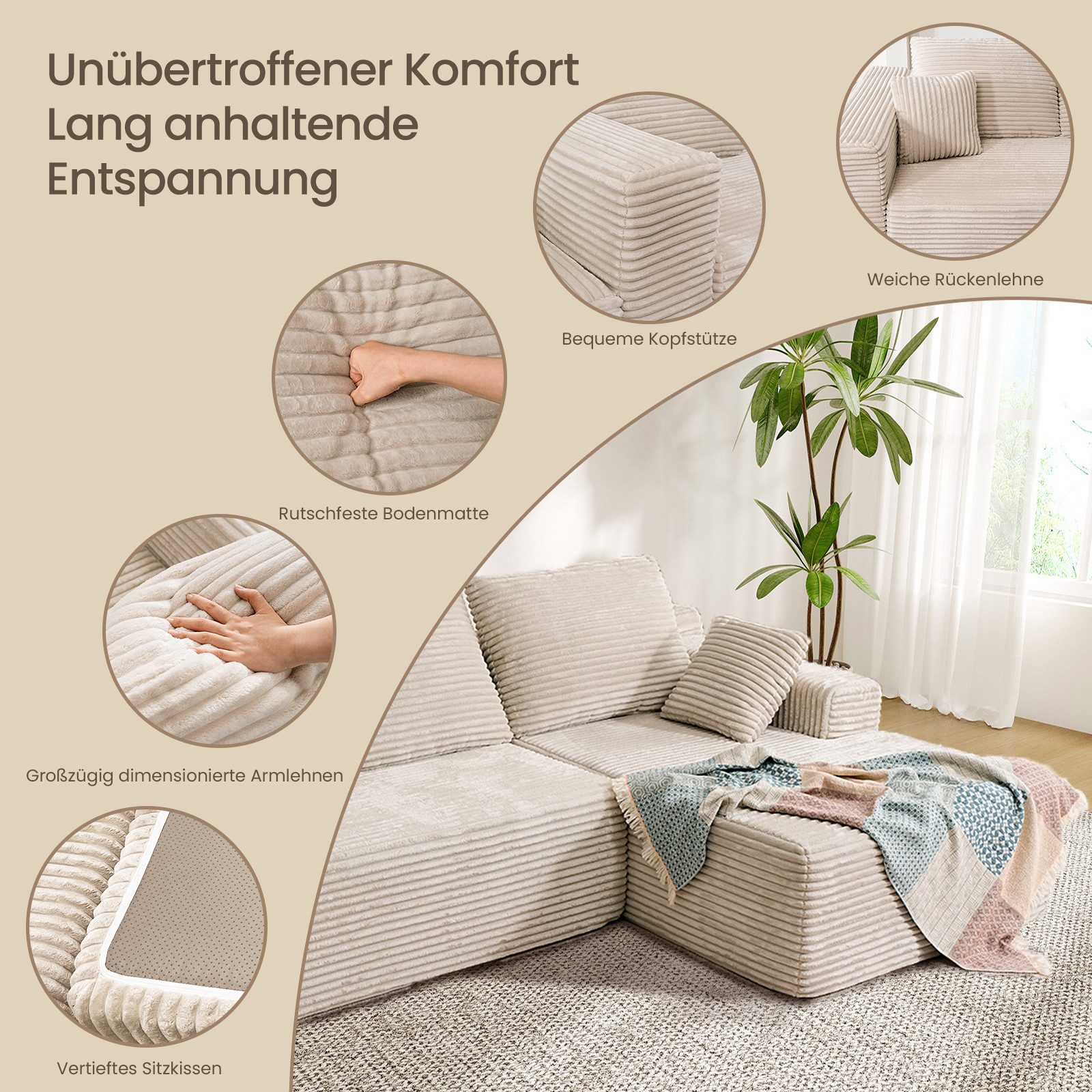 Patbrela Ecksofa Couch L-Form,Sofa Links Samtstoff Vierersofa mit Liegefläche