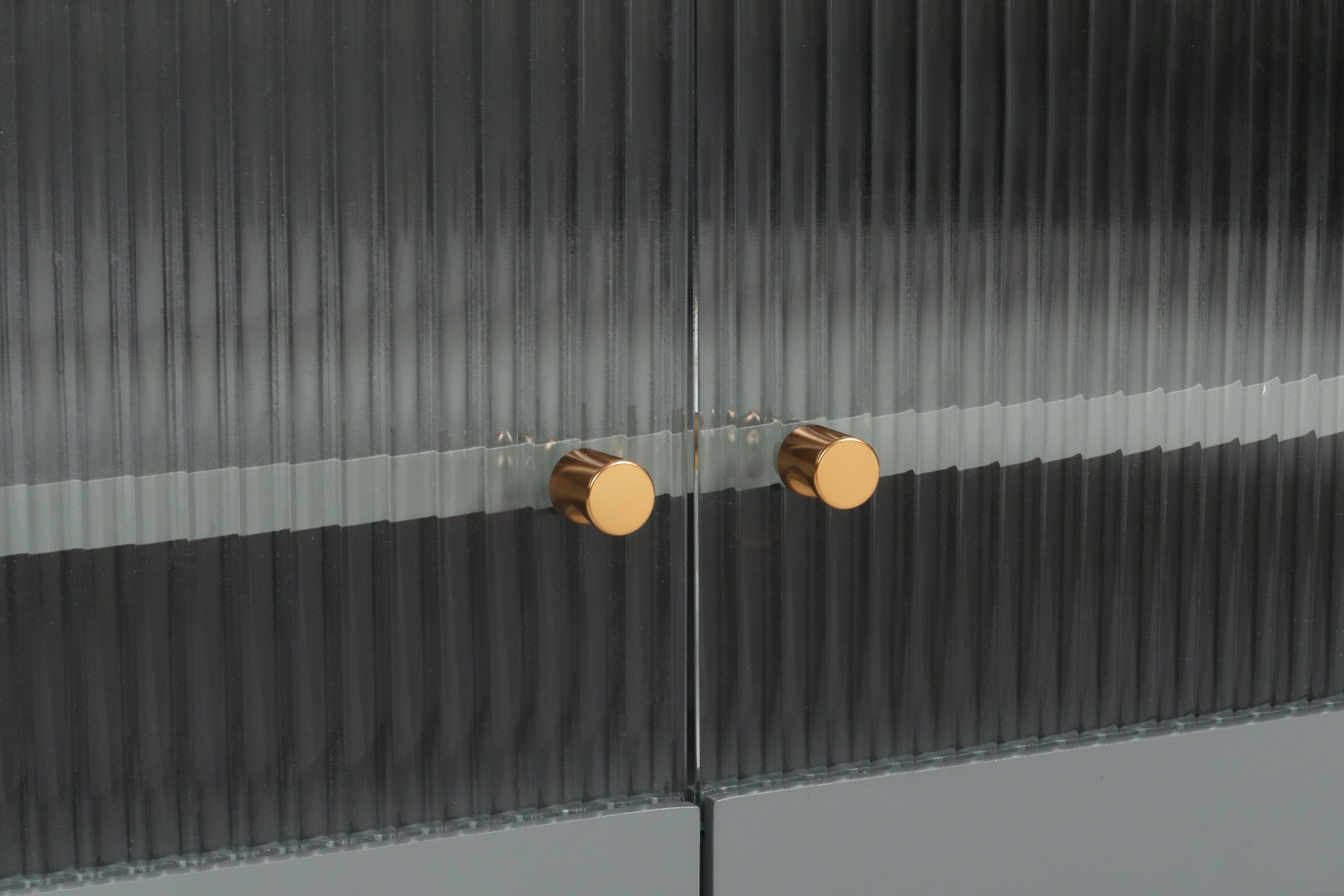 Lowboard (TV Schrank mit 4 Türen und 2 Regal), Hochglanz Tischplatte in Marmoroptik und schöne Glastür, Breite 150 cm